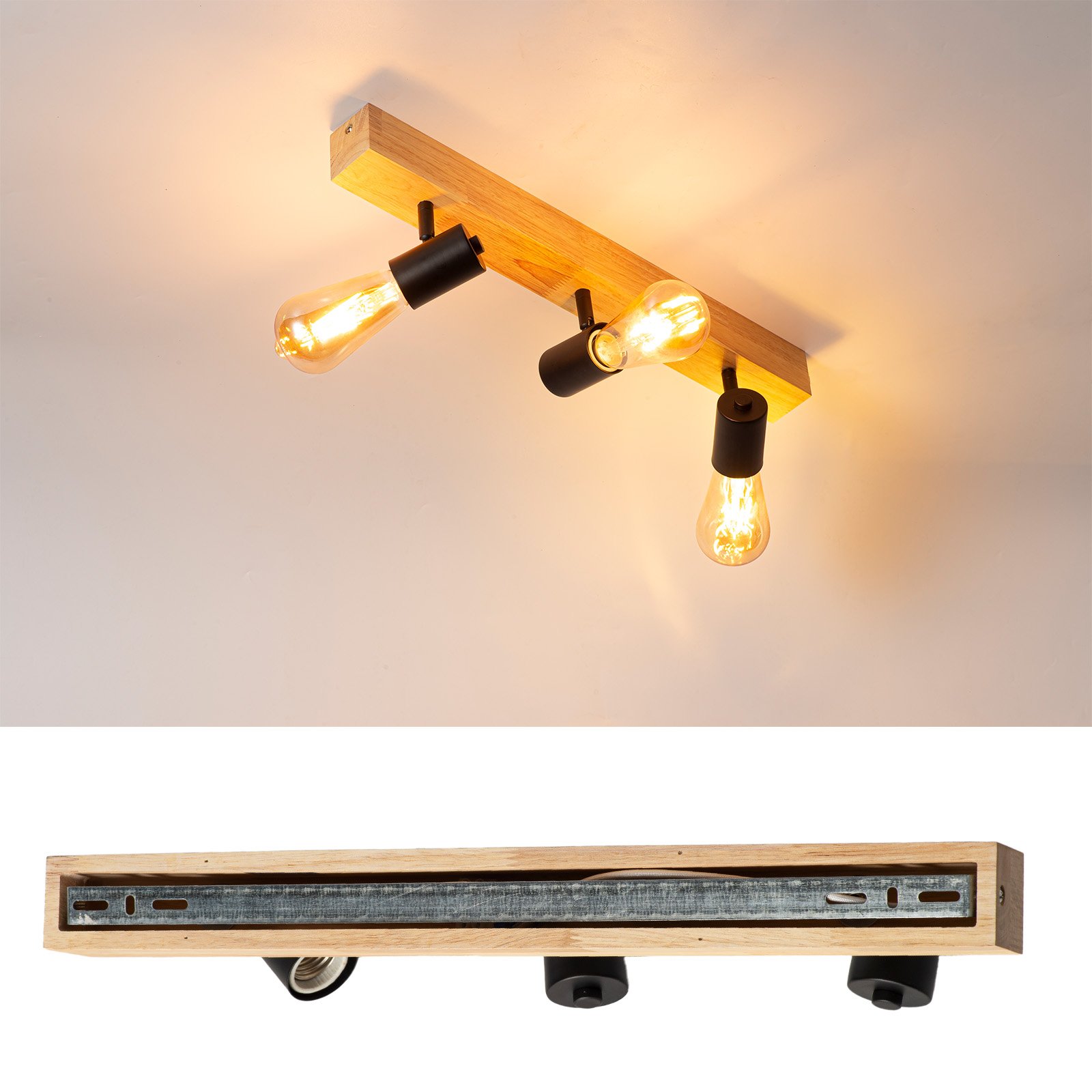 Lámpara de techo de madera con tres focos negros y bombillas Edison.