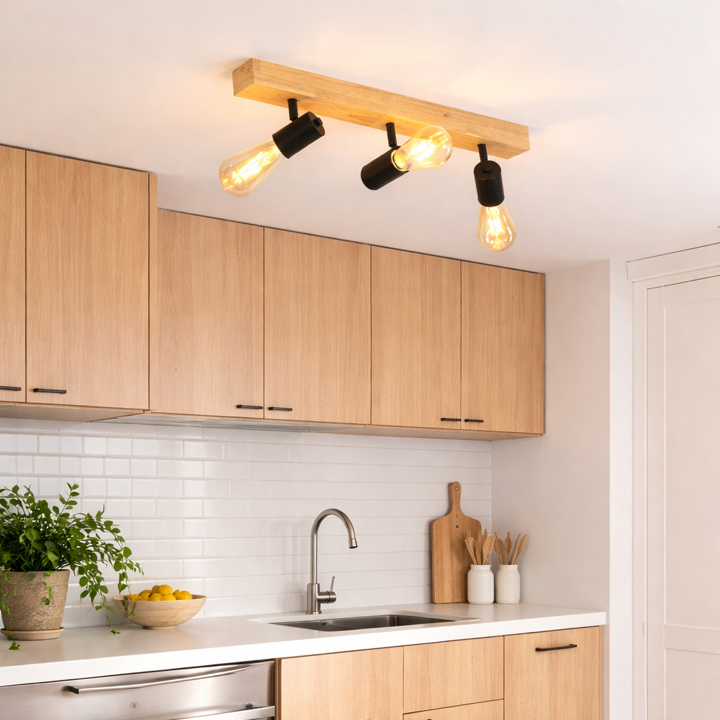 Lámpara de techo de madera con tres bombillas sobre una cocina con gabinetes de madera.