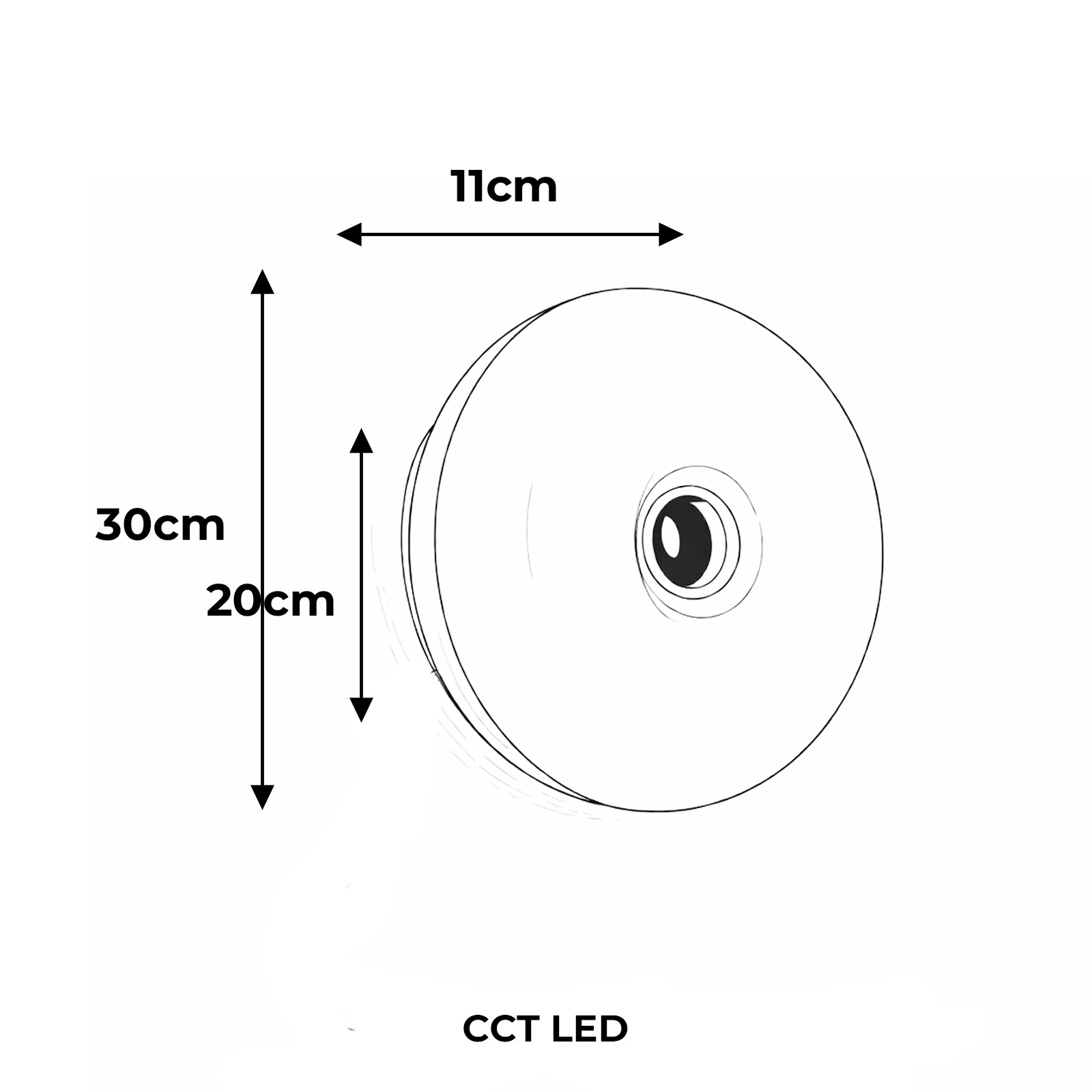 Dibujo técnico de una luminaria redonda con dimensiones de 30cm, 20cm y 11cm.