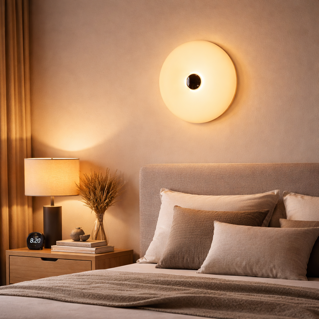 Una habitación con cama, mesita de noche, lámpara y aplique de pared.