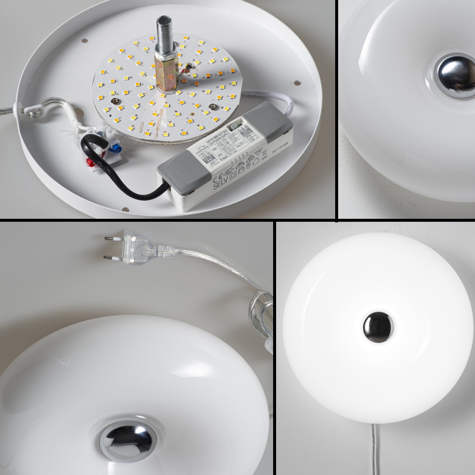 Lámpara blanca con placa LED, fuente de alimentación y cable. Otra vista muestra el exterior.