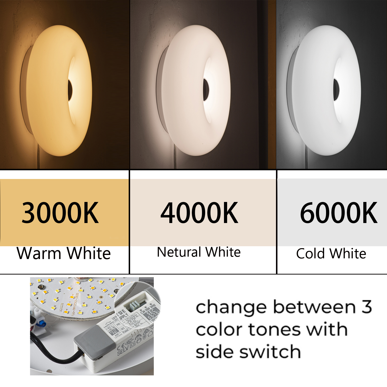 Una luz circular muestra 3 tonos de color: blanco cálido, blanco neutro y blanco frío.