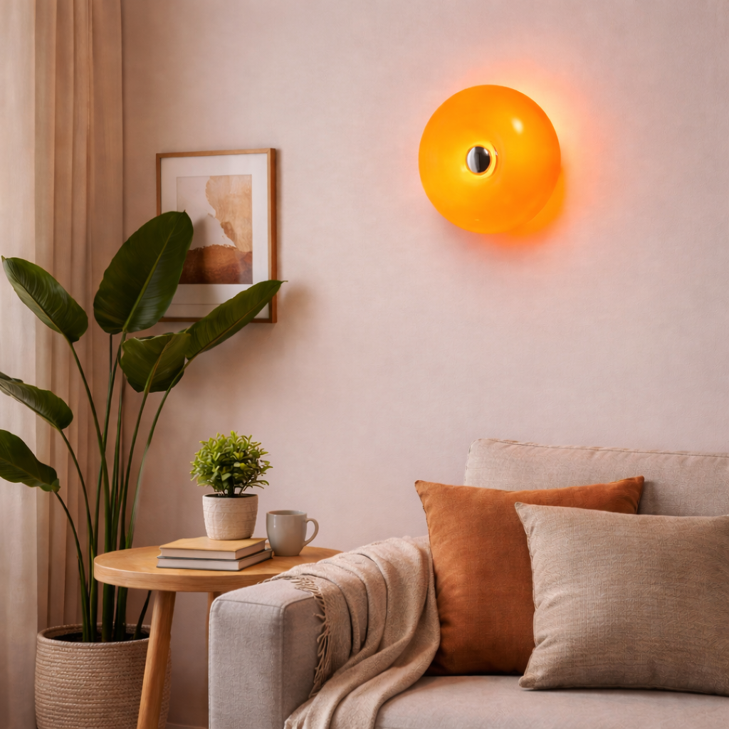 Una lámpara de pared naranja sobre un sofá con cojines y manta.