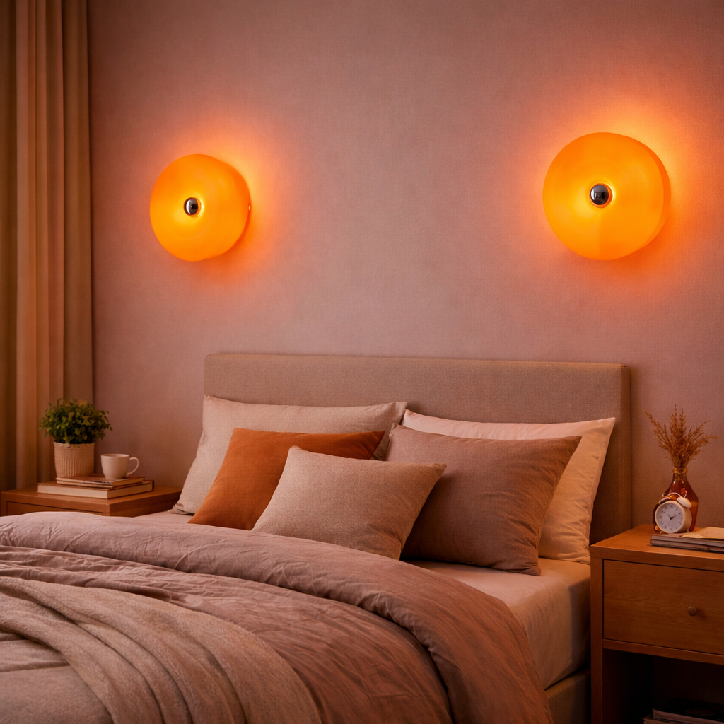 Un dormitorio con lámparas de pared naranjas sobre una cama.