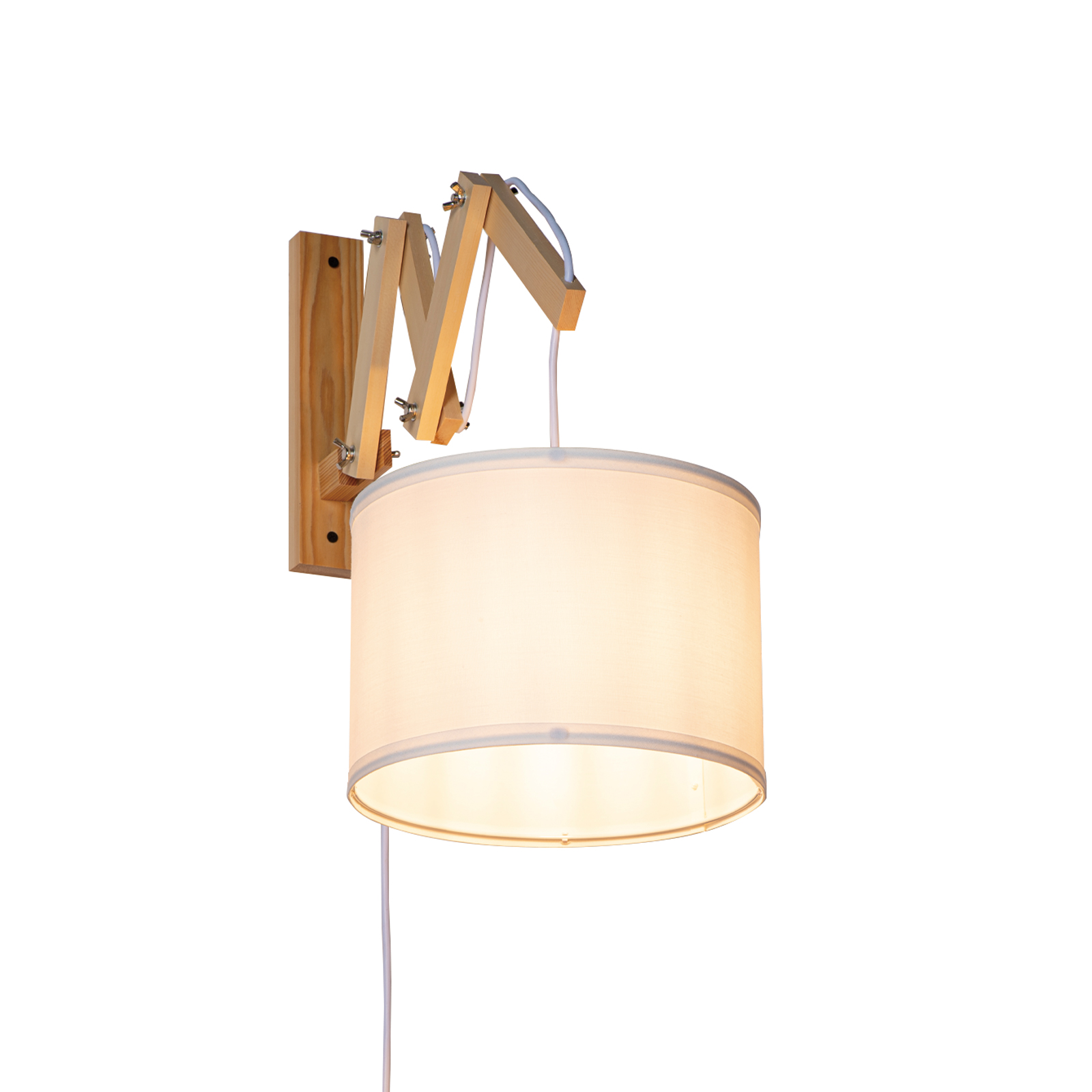 Lámpara de pared de madera con brazo articulado y pantalla blanca.