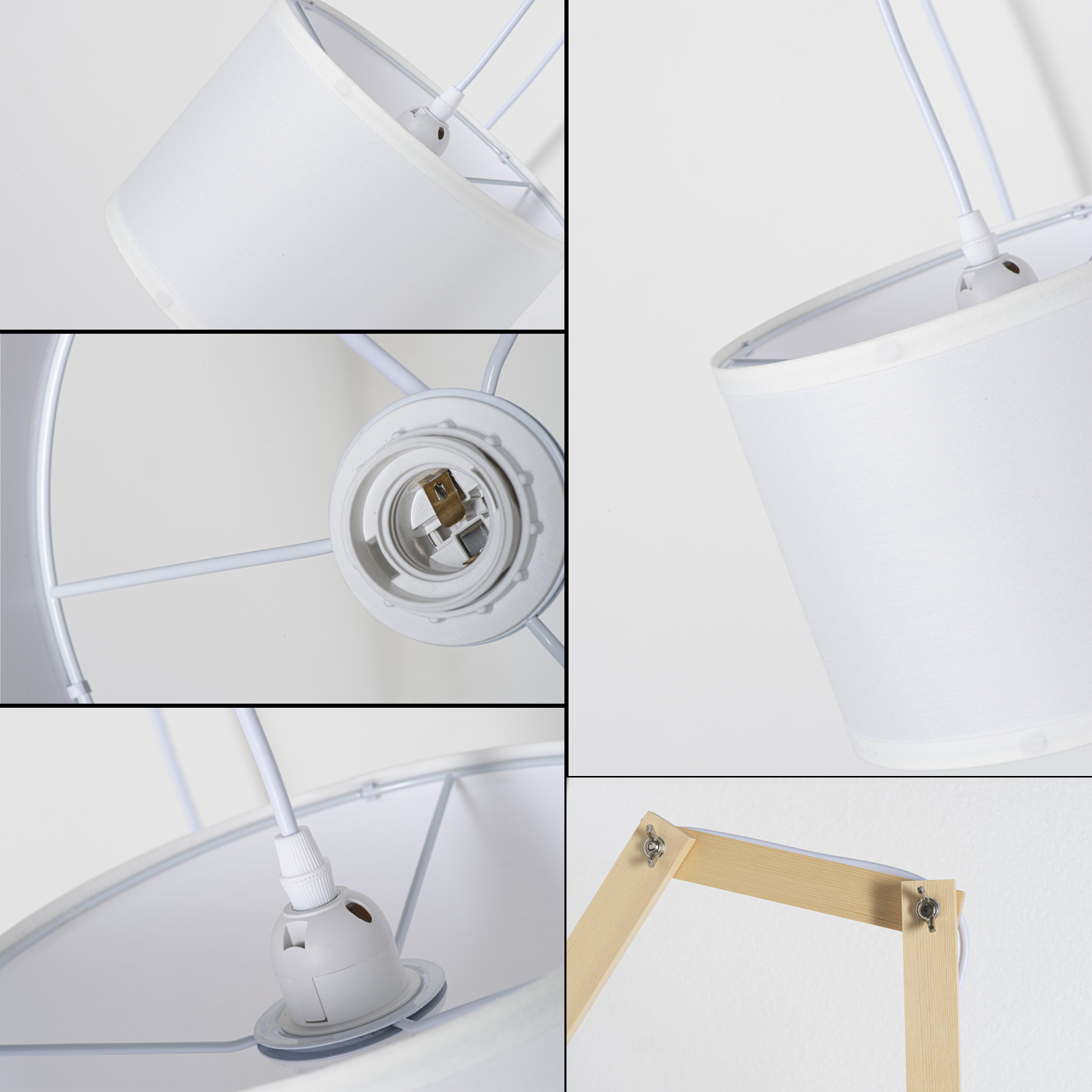 Primer plano de una lámpara blanca con detalles de madera y portalámparas visible.