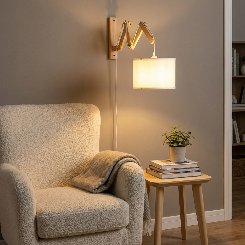 Un sillón beige con manta junto a una mesita con lámpara y planta.