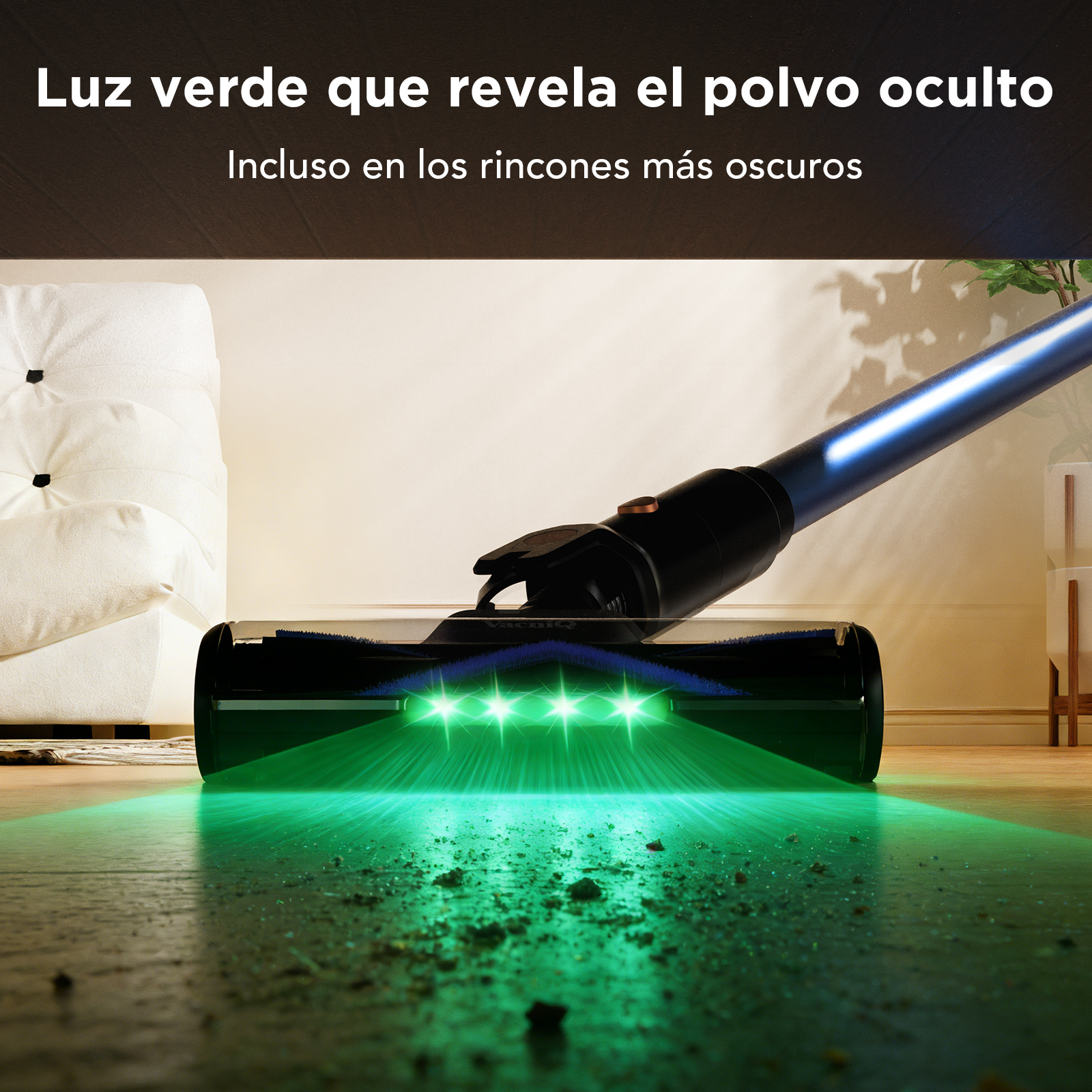 Cepillo aspirador con luces verdes que iluminan polvo en suelo de madera.