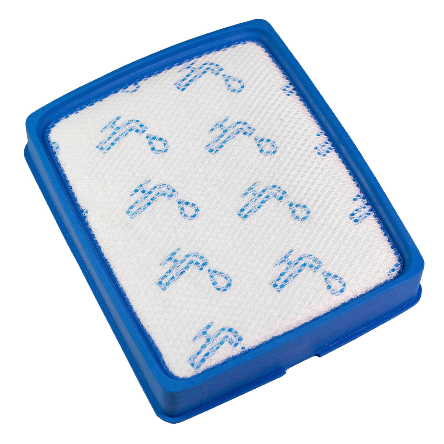 Niebieski filtr odkurzacza z białą tkaniną i niebieskimi wzorami.