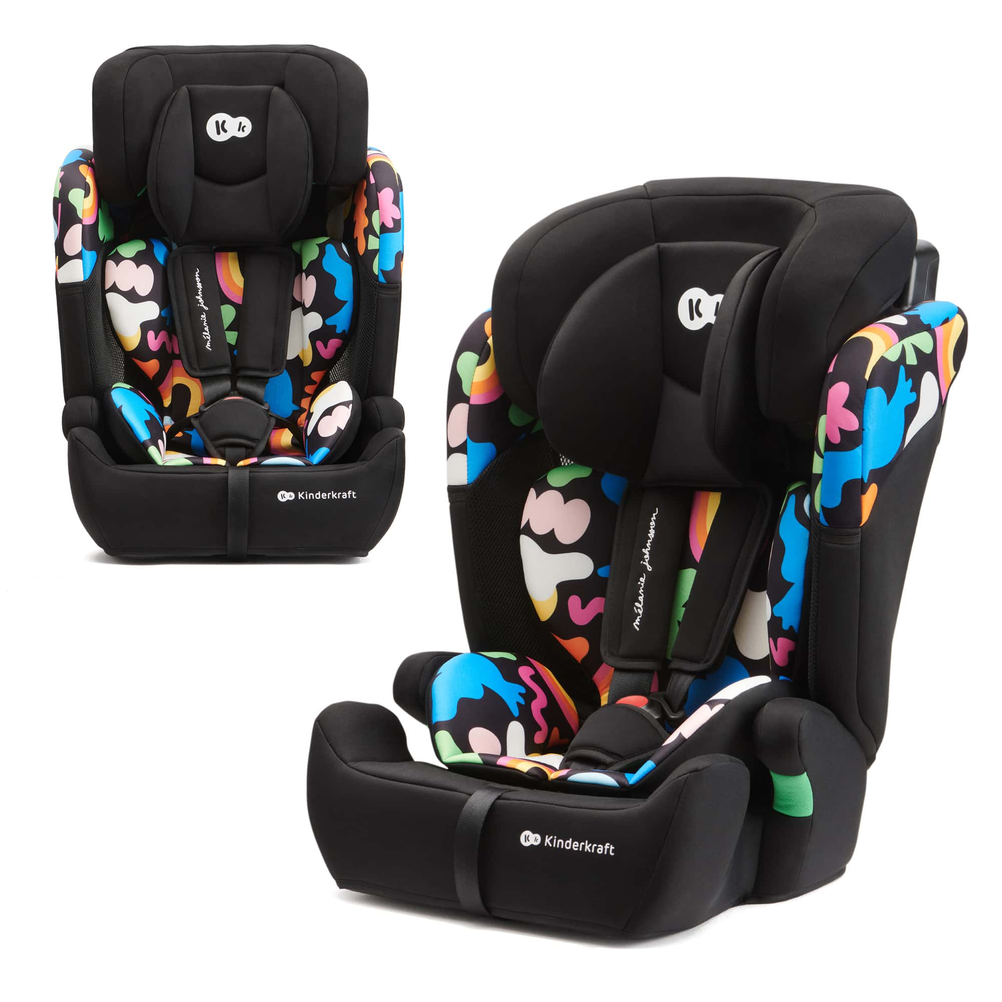 Schwarzer Kindersitz mit buntem Muster, verstellbarer Kopfstütze und Gurten.