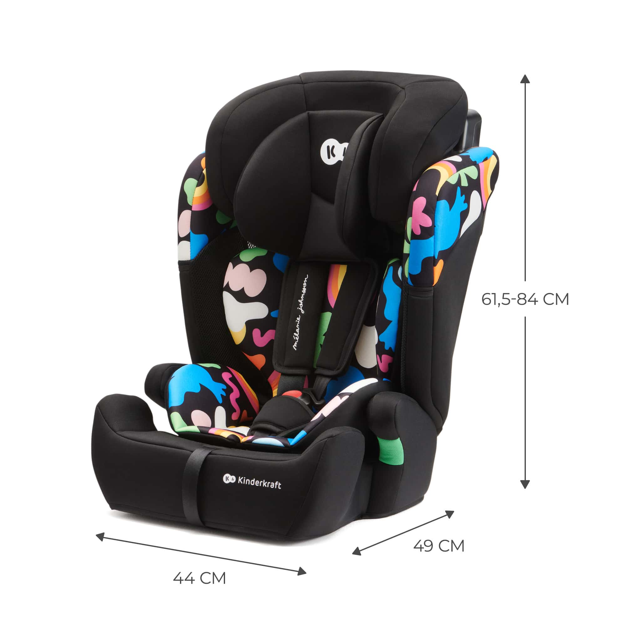 Schwarzer Kindersitz mit buntem Muster, Maße sichtbar.
