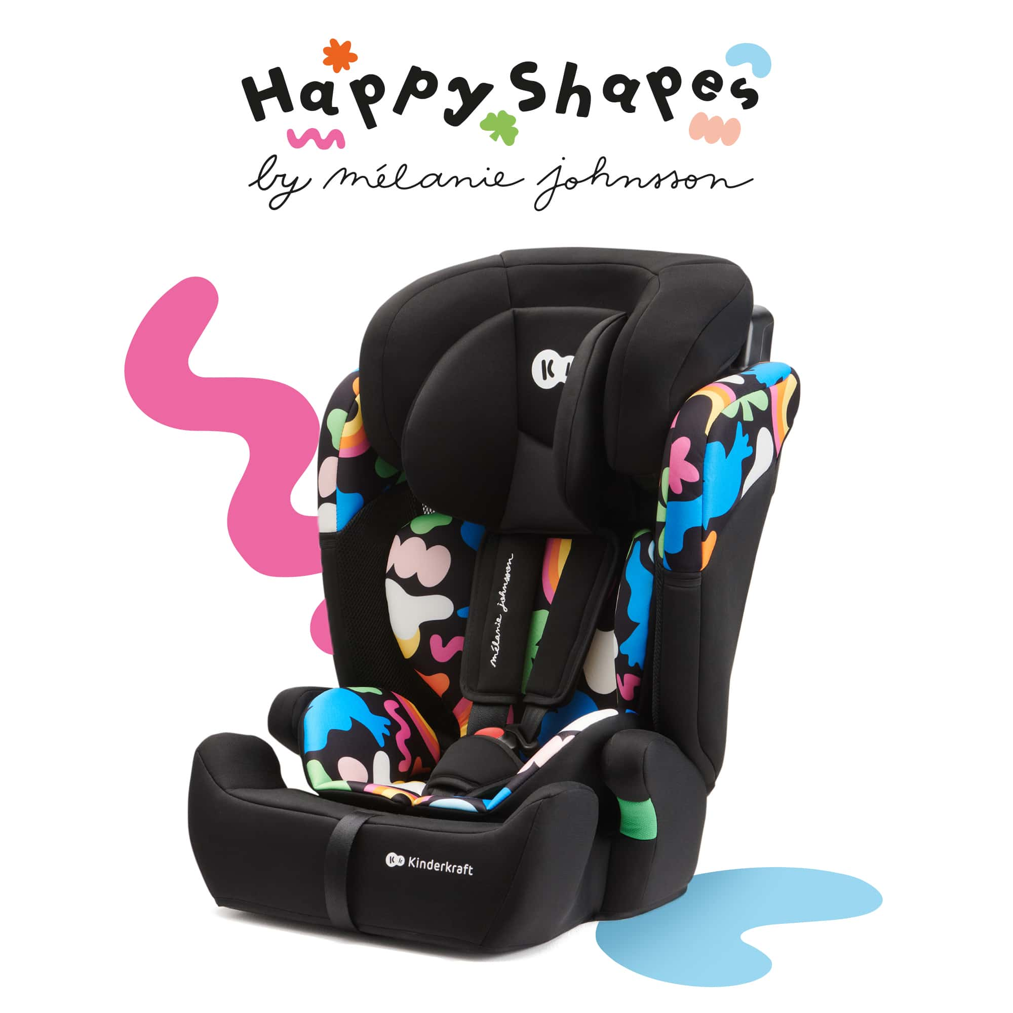 Schwarzer Kindersitz mit bunter Musterung und Text.