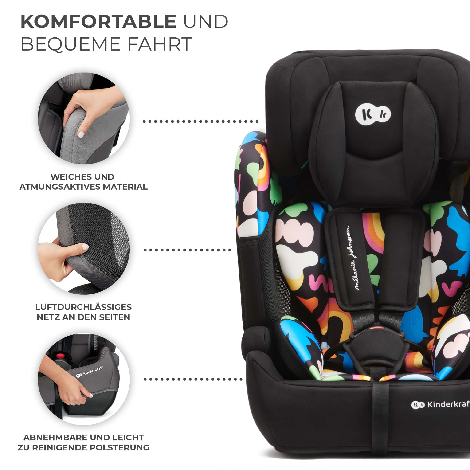Schwarzer Kindersitz mit bunten Mustern, verstellbarer Kopfstütze und Sicherheitsgurten.