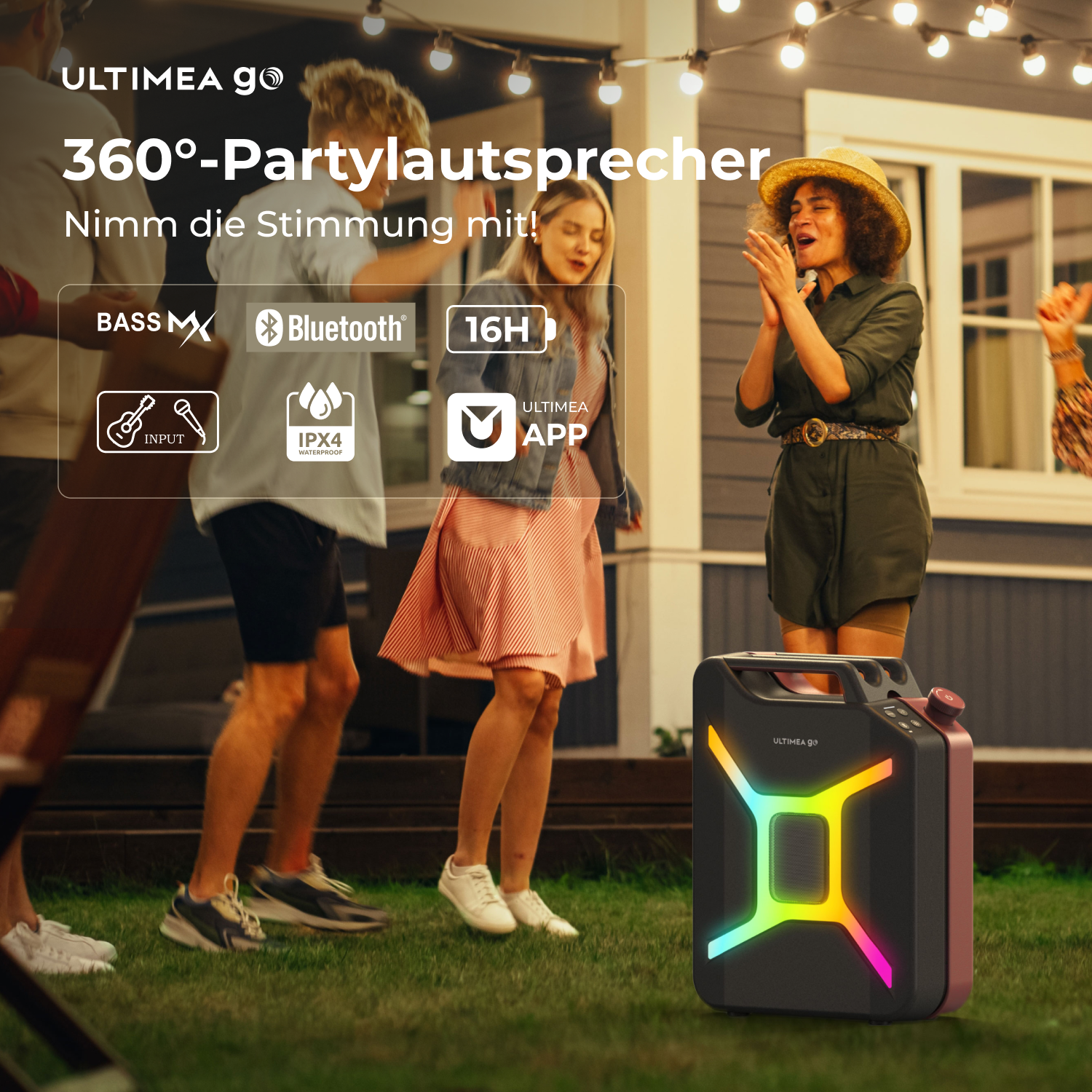 Ultima Go Lautsprecher mit Lichtern, Leute tanzen im Garten.