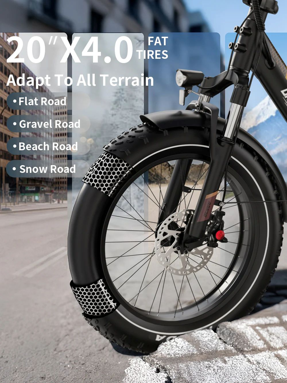 Una e-bike con pneumatici grassi 20x4.0, adattabile a strade piane, sterrate, da spiaggia e neve.