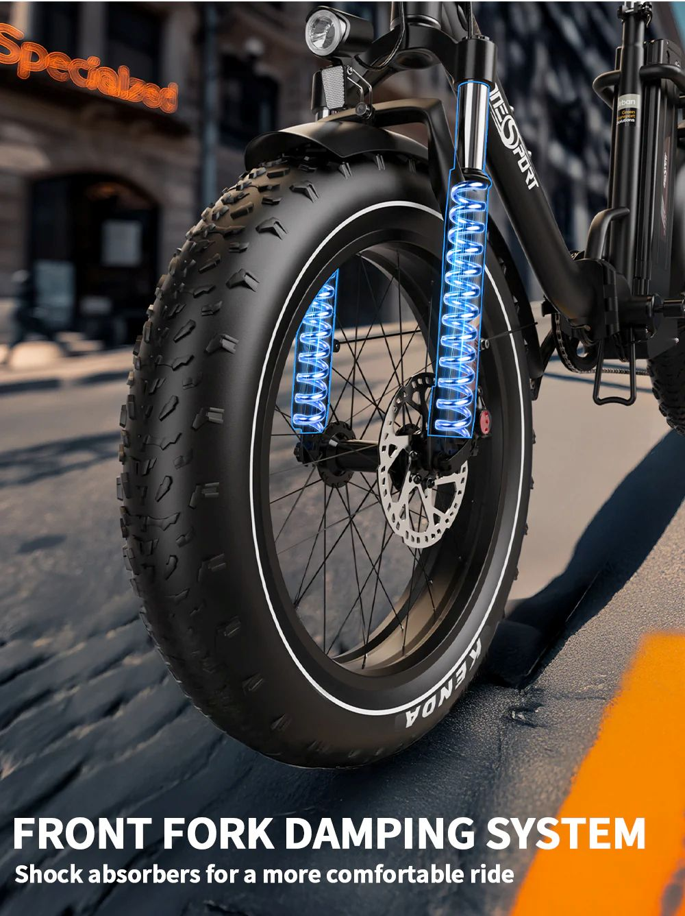 Primo piano di una fat bike nera con ammortizzatori blu brillanti e pneumatici larghi.