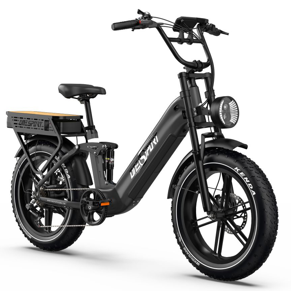 Bicicletta elettrica nera con pneumatici larghi, portapacchi e faro rotondo.