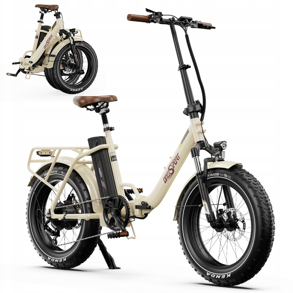 Una e-bike pieghevole beige con pneumatici larghi, sella marrone e portapacchi posteriore.