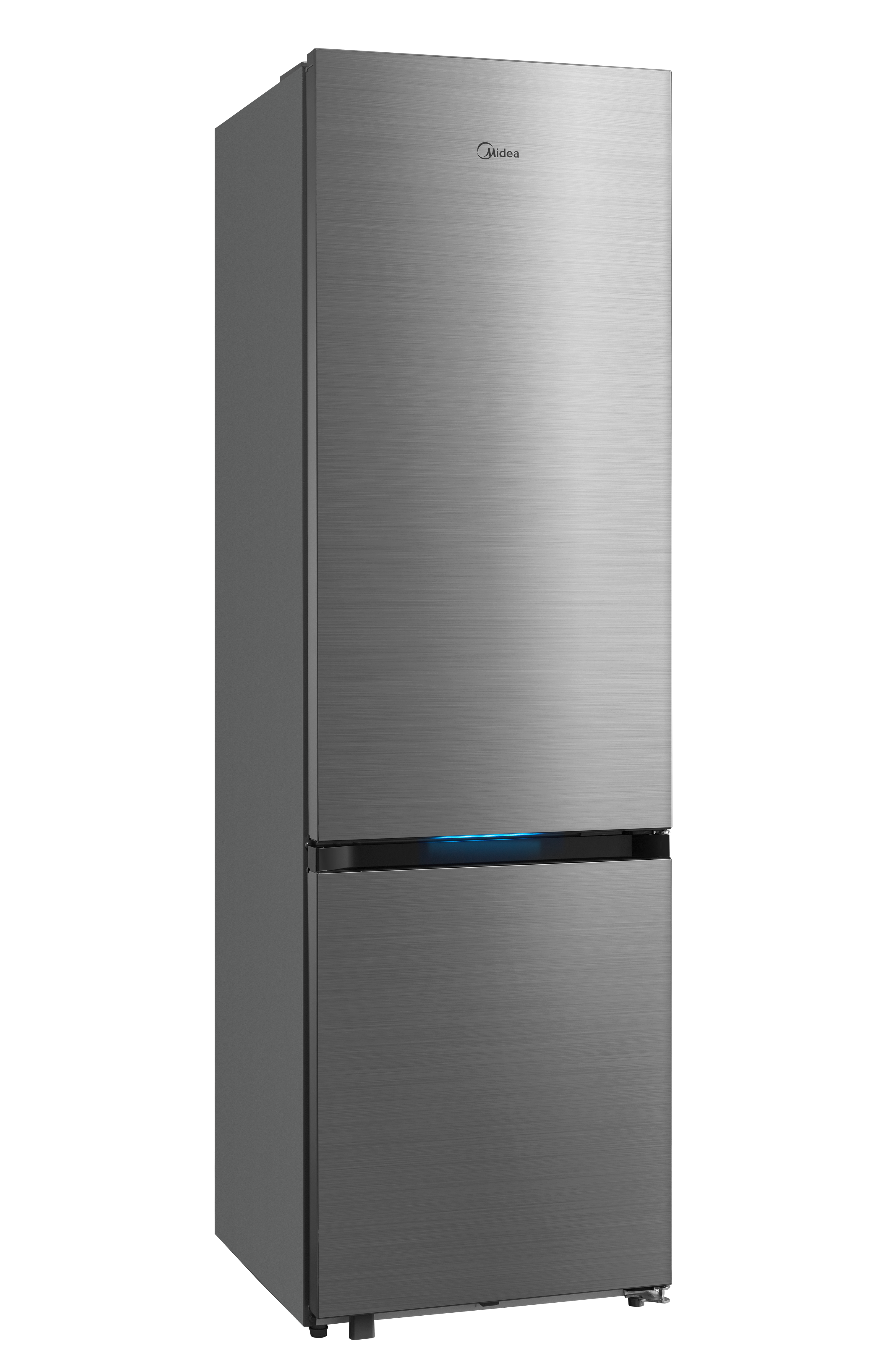 Ein silberner Kühlschrank mit zwei Türen und einem blauen Lichtstreifen.