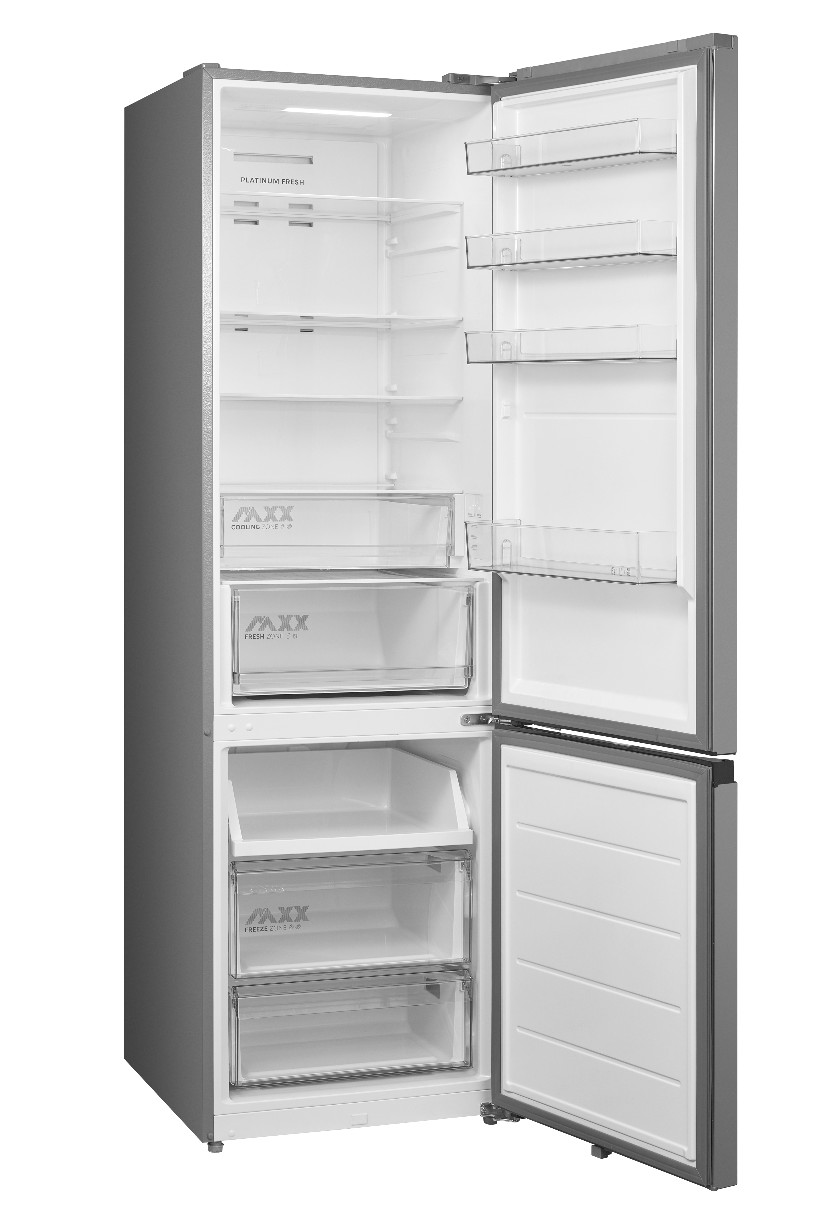 Ein leerer silberner Kühlschrank mit offener Tür, klare Fächer.