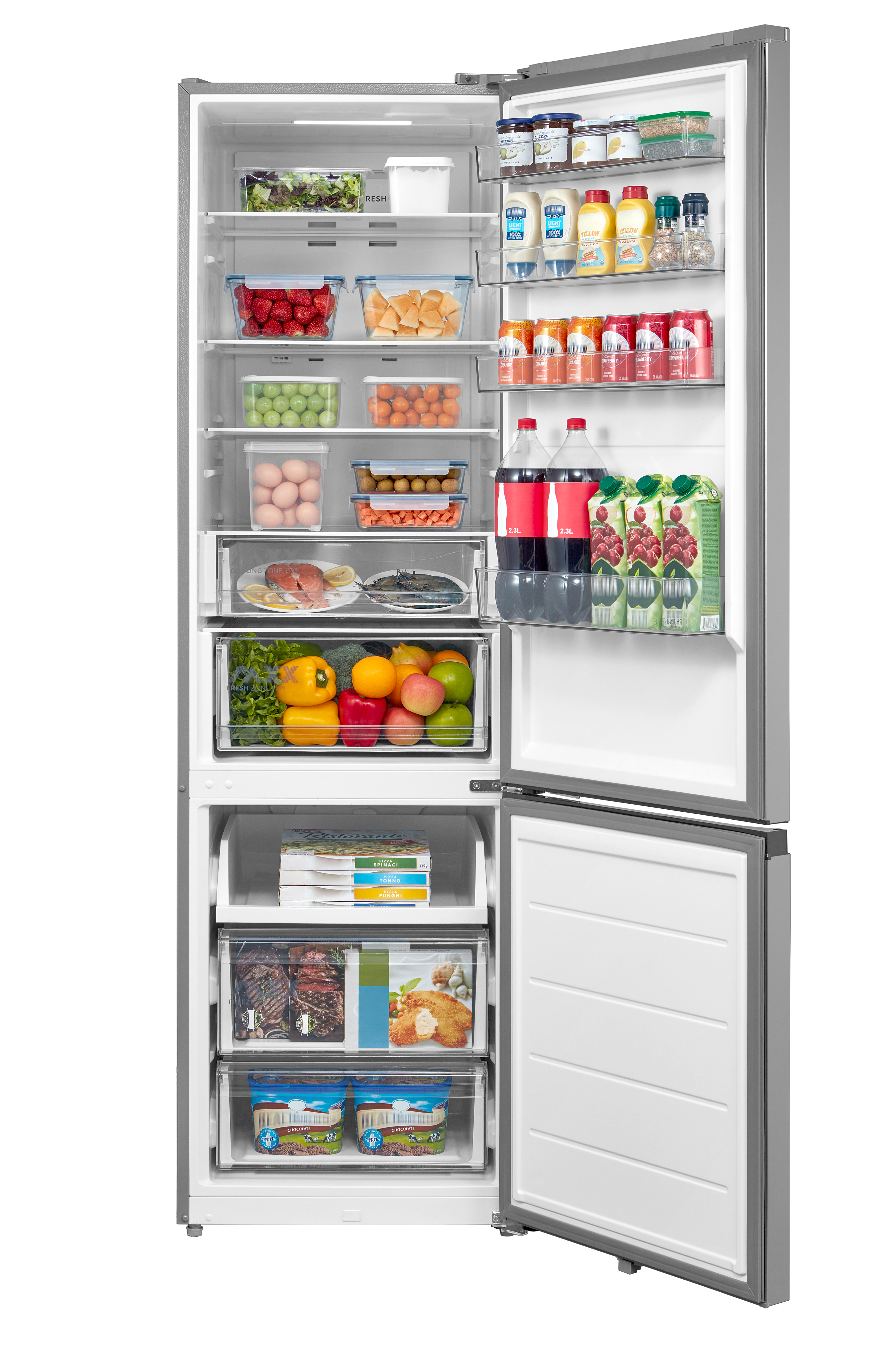 Gefüllter Kühlschrank mit Lebensmitteln, Früchten, Gemüse, Getränken und Gefriergut.