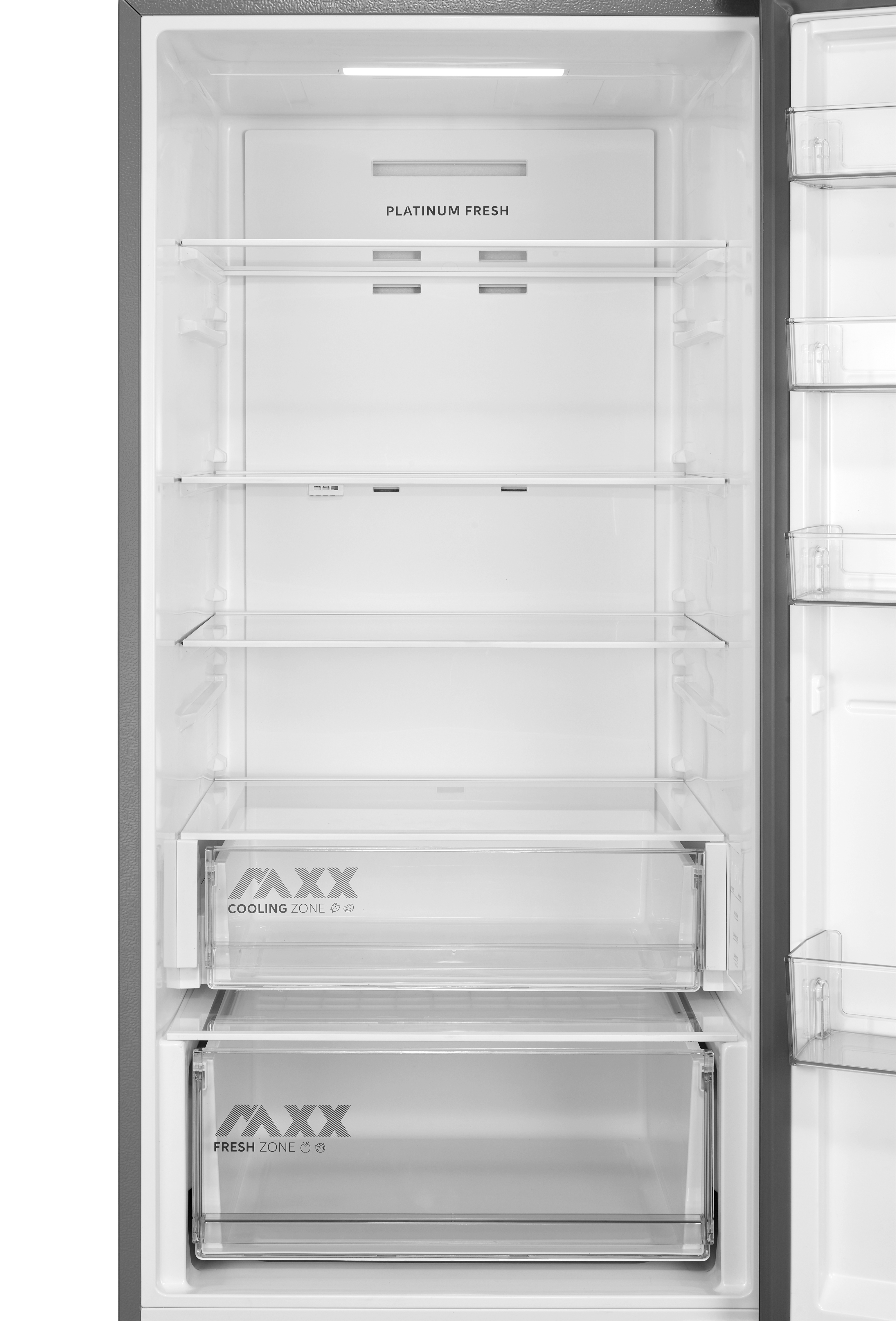 Ein leerer Kühlschrank mit Glasböden und zwei Schubladen.