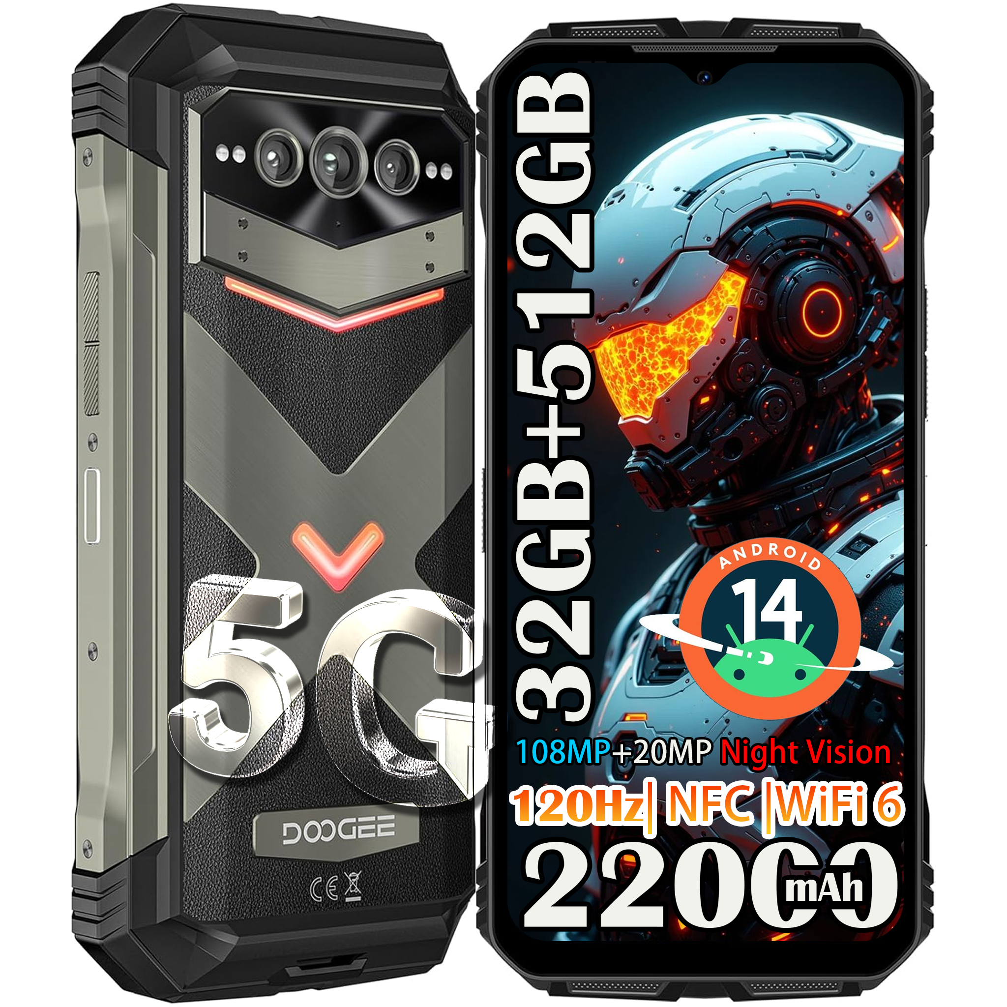 Smartphone robusto con logo 5G, triple cámara y pantalla futurista.