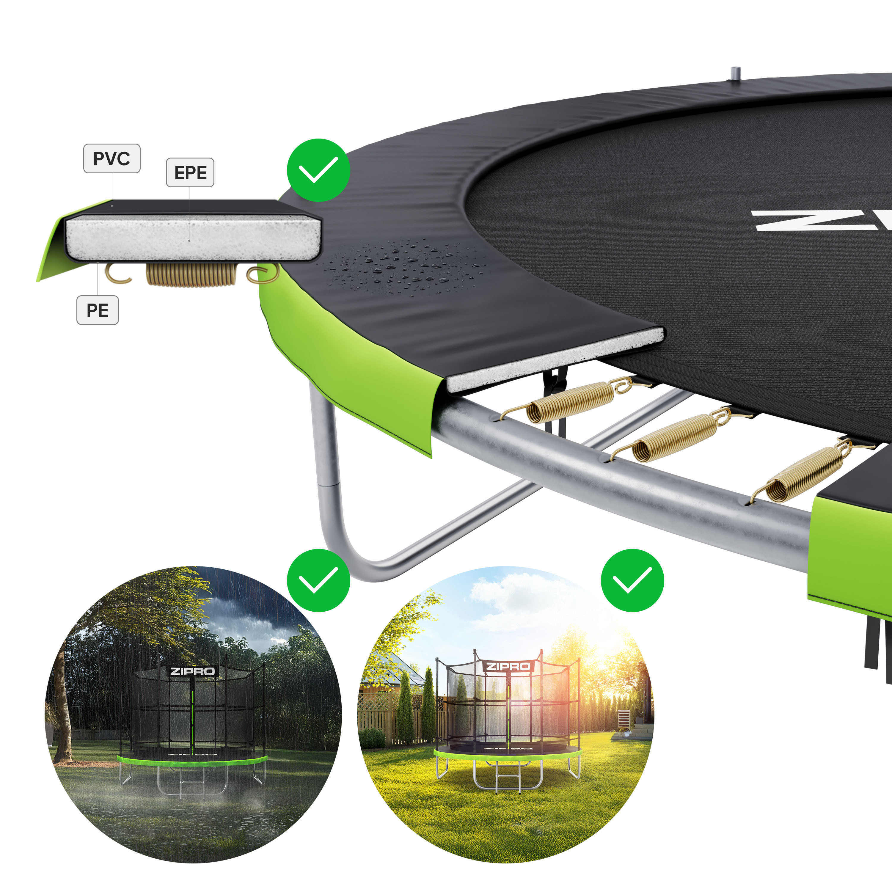 Trampolinmaterialien PVC, EPE, PE; Trampolin bei Regen und Sonnenschein.