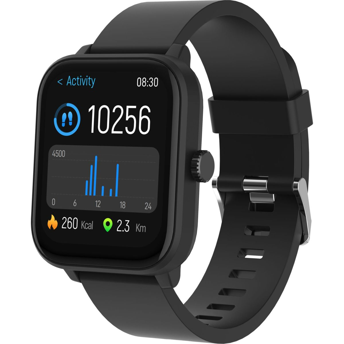 Zwarte smartwatch toont activiteit: 10256 stappen, 260 kcal, 2,3 km.