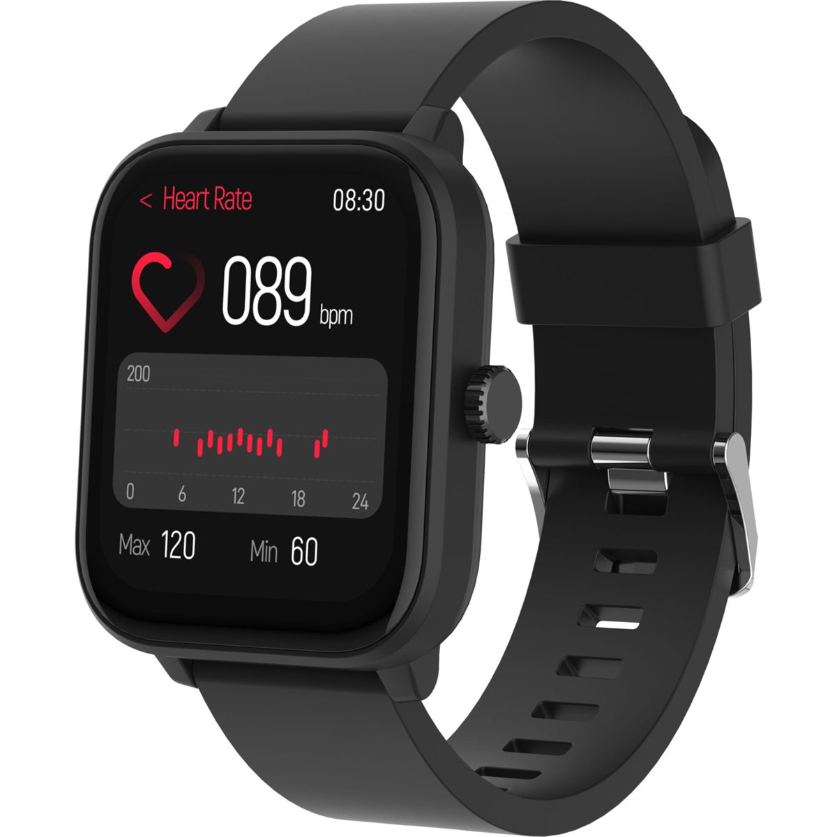 Zwarte smartwatch toont hartslag 89 bpm om 08:30.
