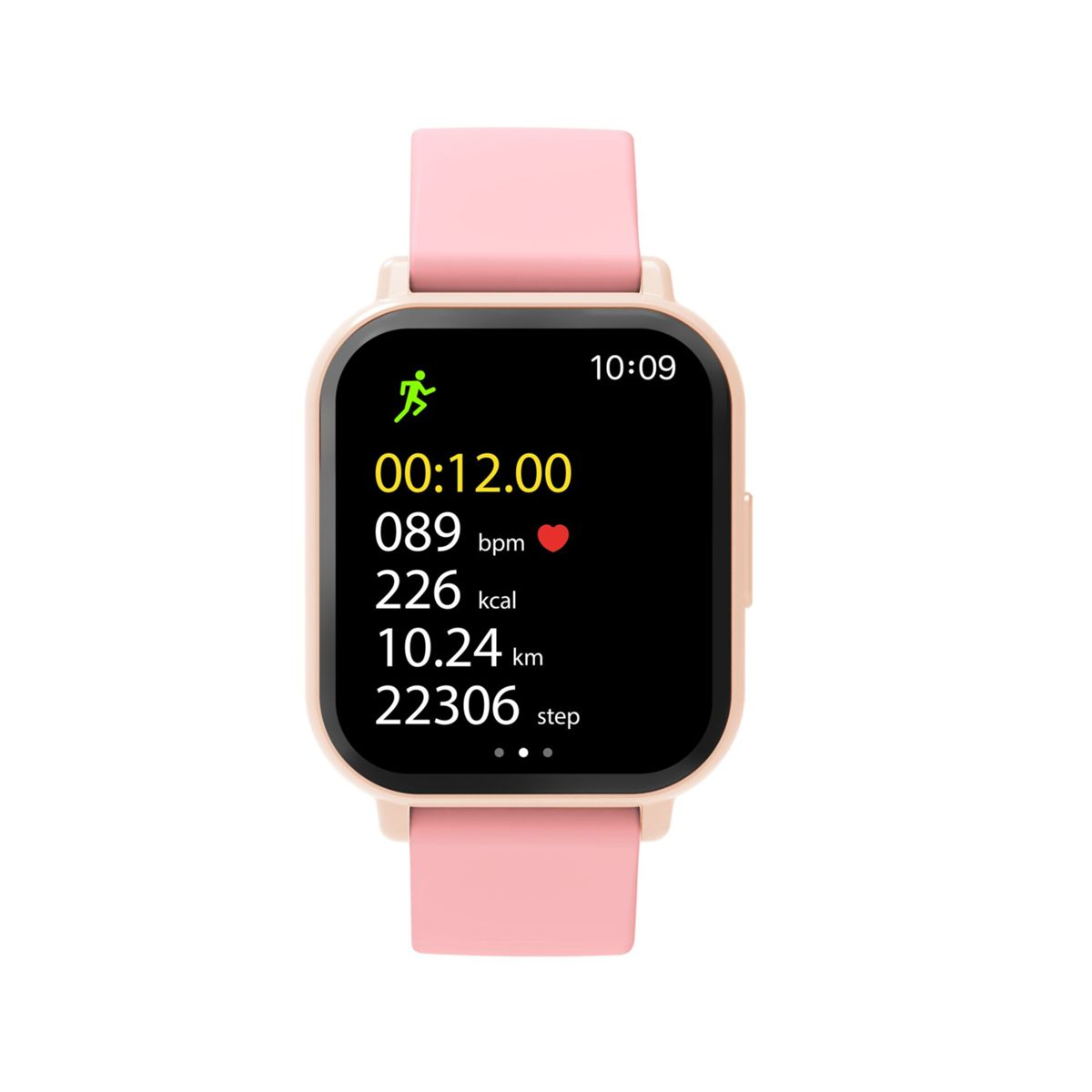 Een roze smartwatch toont 00:12:00, 89 bpm, 226 kcal, 10,24 km, 22306 stappen.