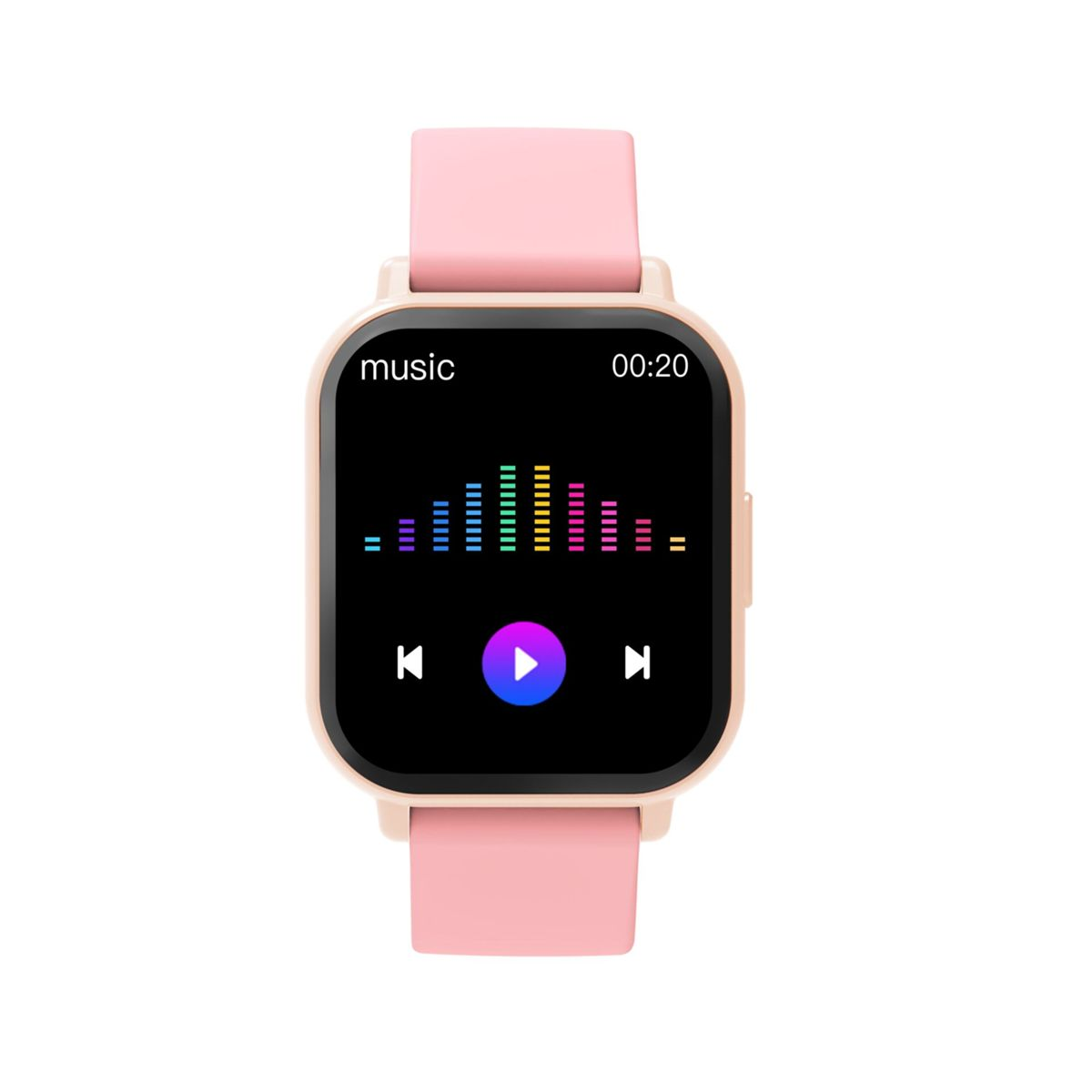 Een roze smartwatch met een muziekspeler-scherm met equalizer.