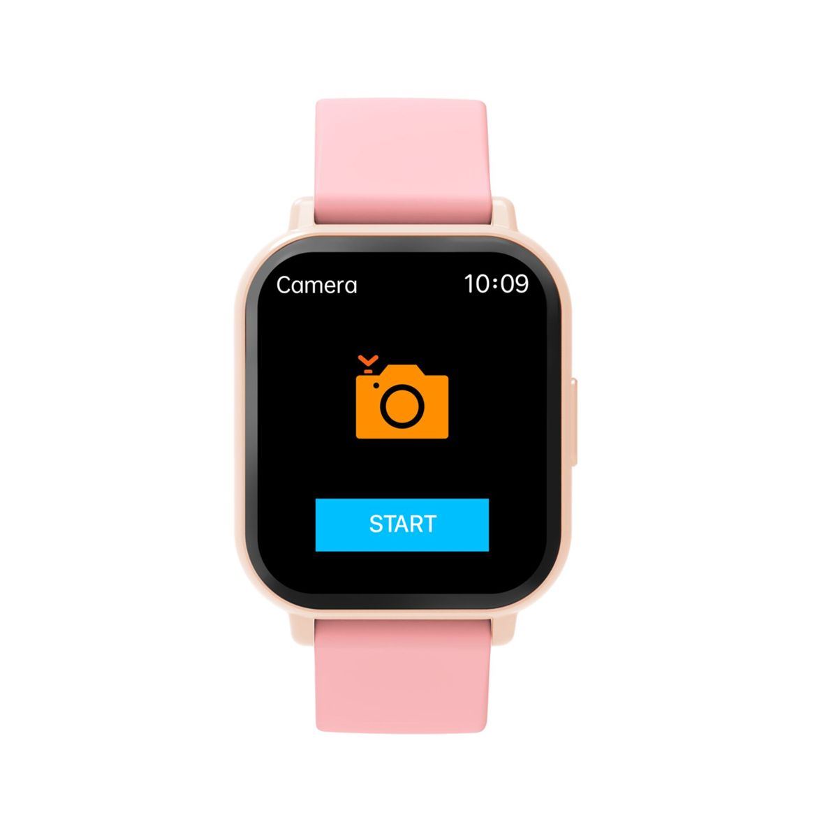 Een roze smartwatch toont een camera-app met een oranje camera-icoon en startknop.