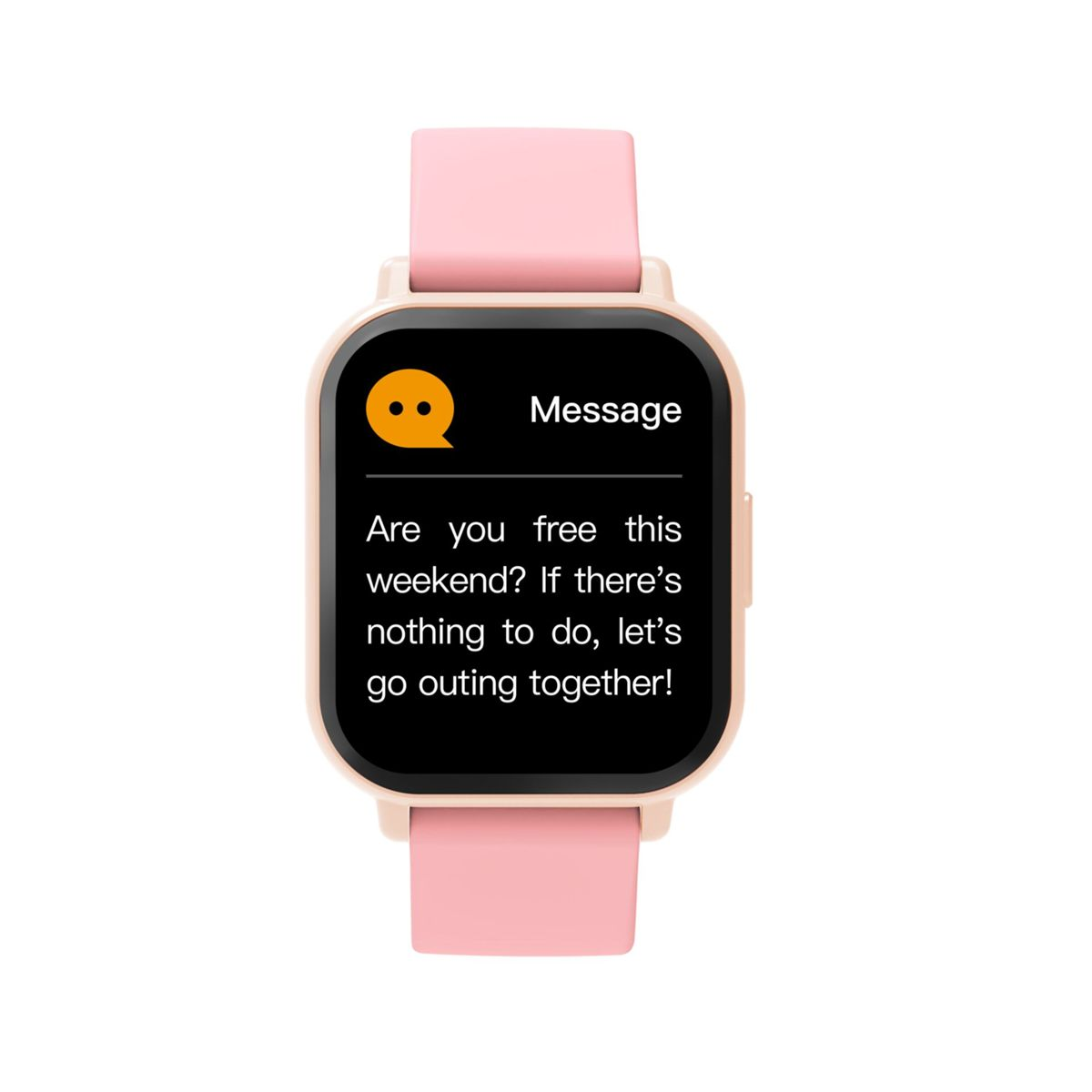Een roze smartwatch toont een bericht: Ben je dit weekend vrij?