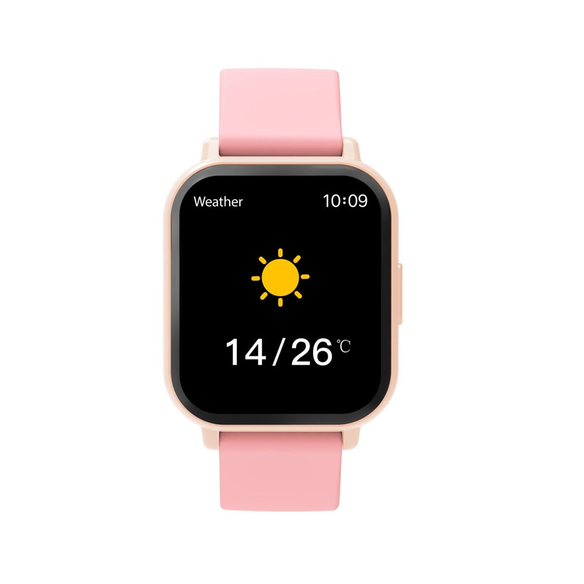 Een roze smartwatch toont het weer: zon, 14/26°C en tijd 10:09.