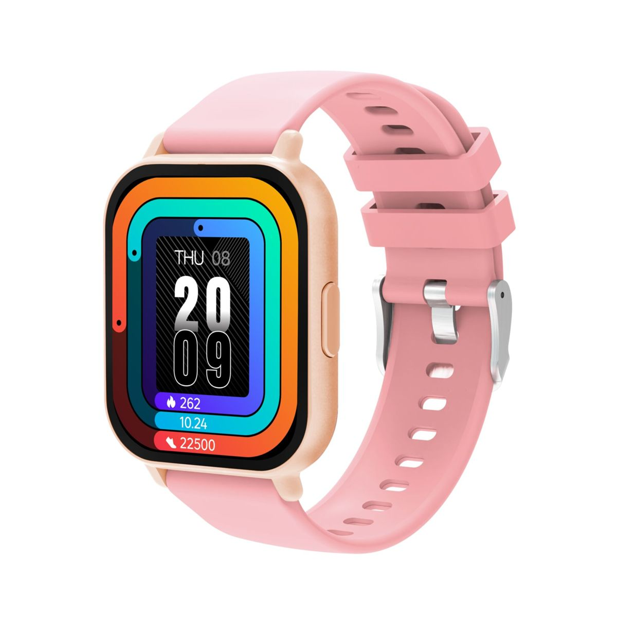 Een roze smartwatch met een crèmekleurige kast en kleurrijk display.