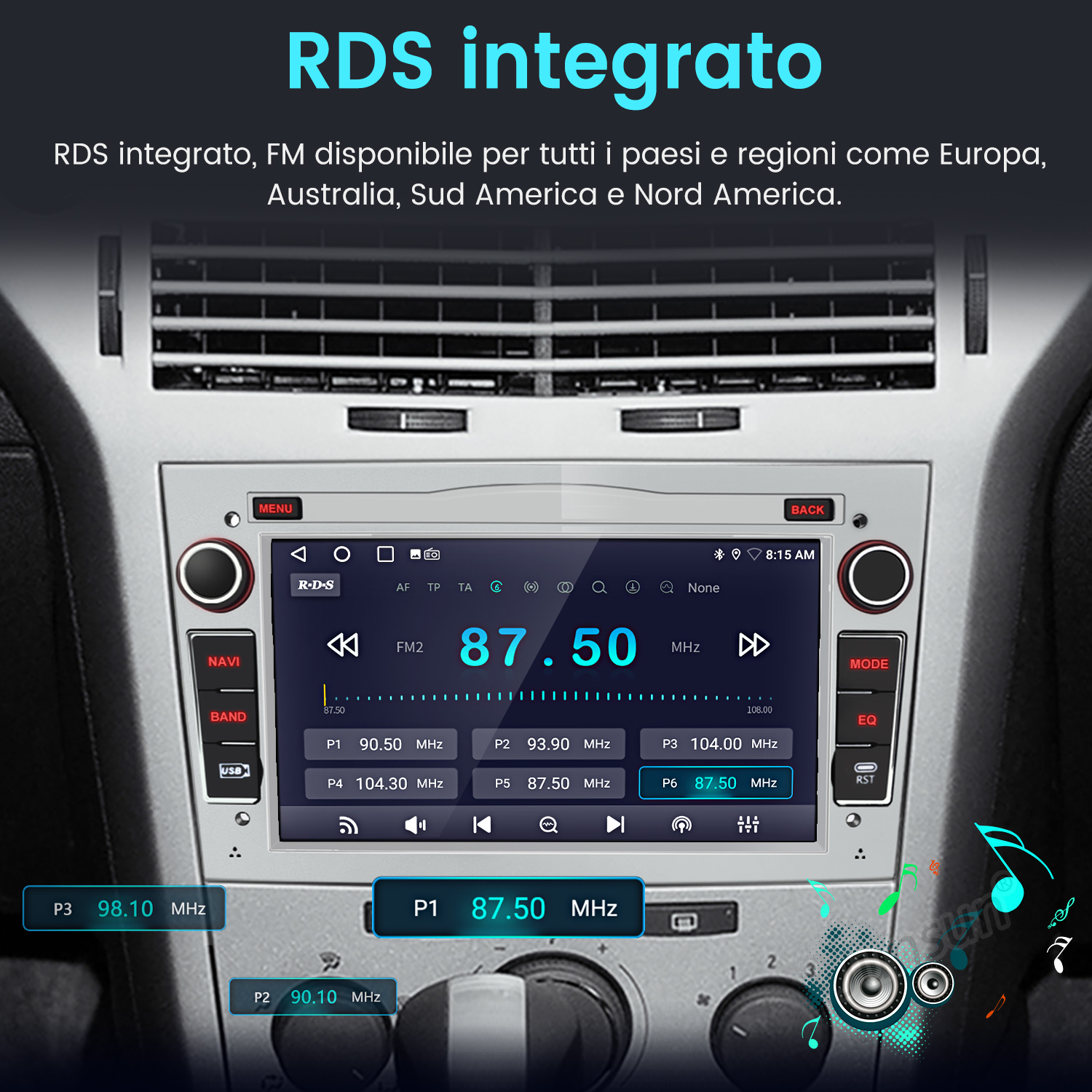 Schermo autoradio mostra stazione FM2 a 87.50 MHz con frequenze preimpostate.