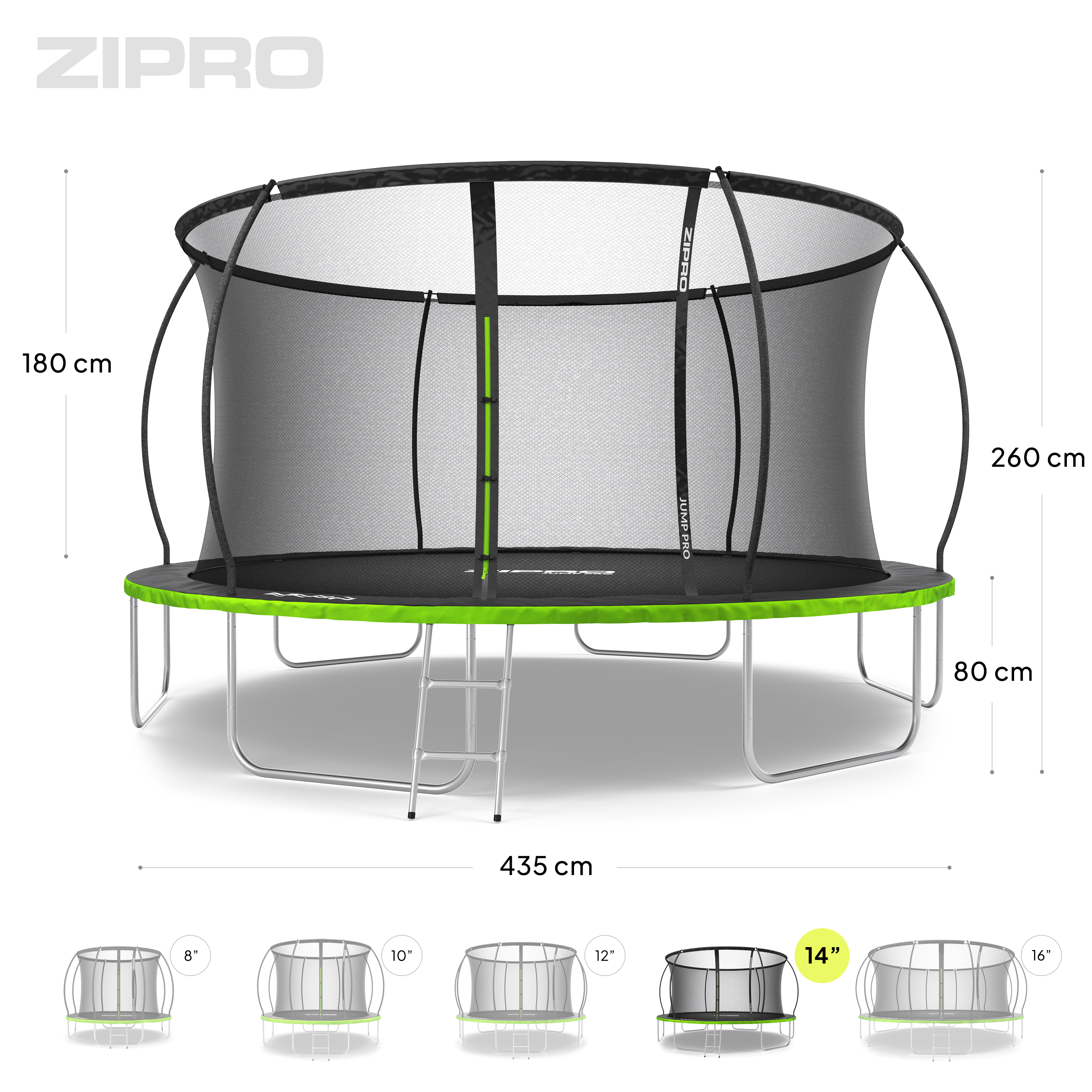 ZIPRO Trampolin mit Sicherheitsnetz, Leiter und Maßangaben.