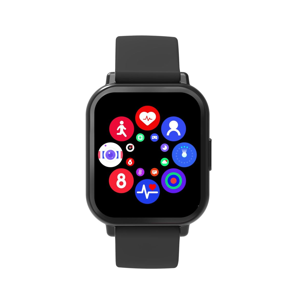 Schwarze Smartwatch mit farbigen App-Symbolen auf dem dunklen Bildschirm.