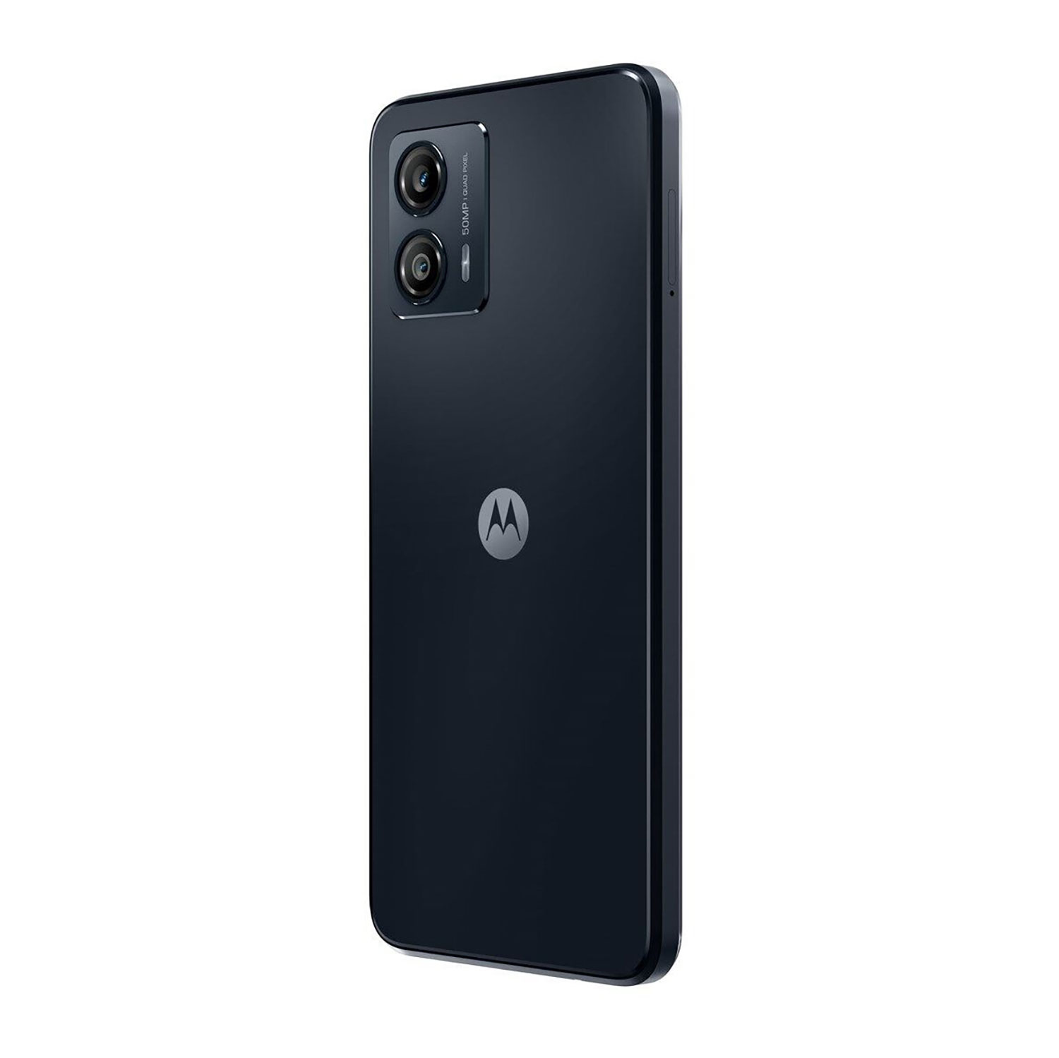 Ciemnoniebieski smartfon Motorola z dwoma aparatami i logo M.