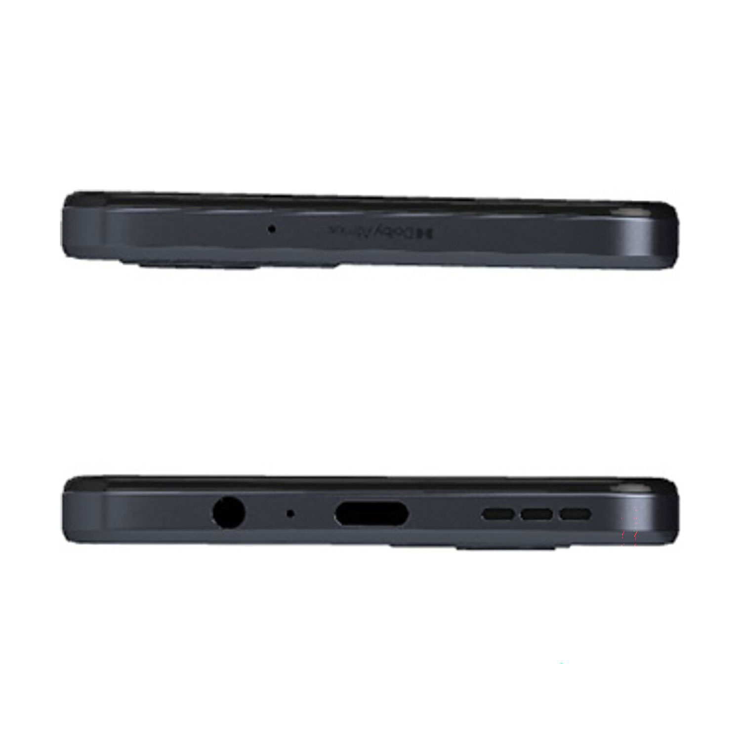 Widok z góry i z dołu ciemnego smartfona pokazujący porty i głośniki.