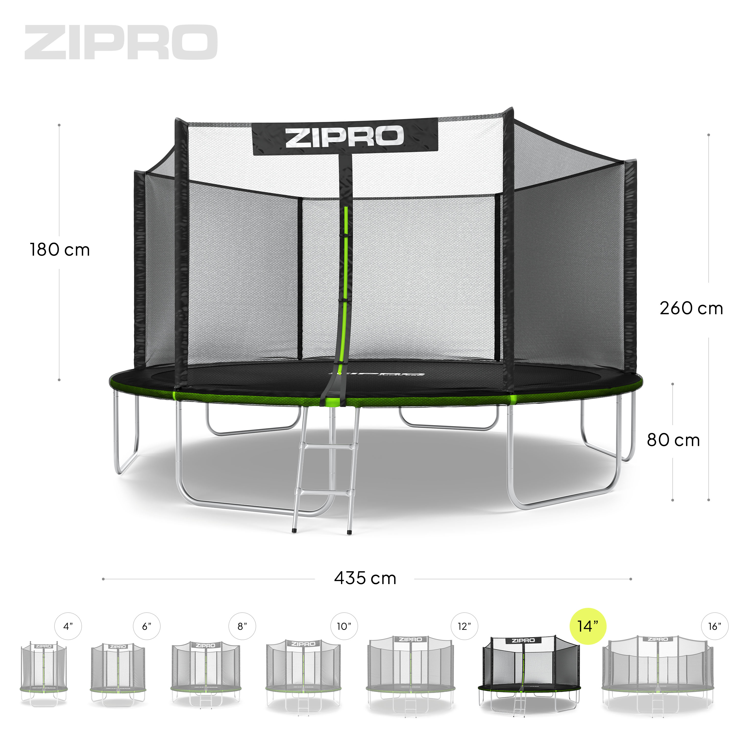 Ein ZIPRO Trampolin mit Sicherheitsnetz und Leiter, Maße werden angezeigt.