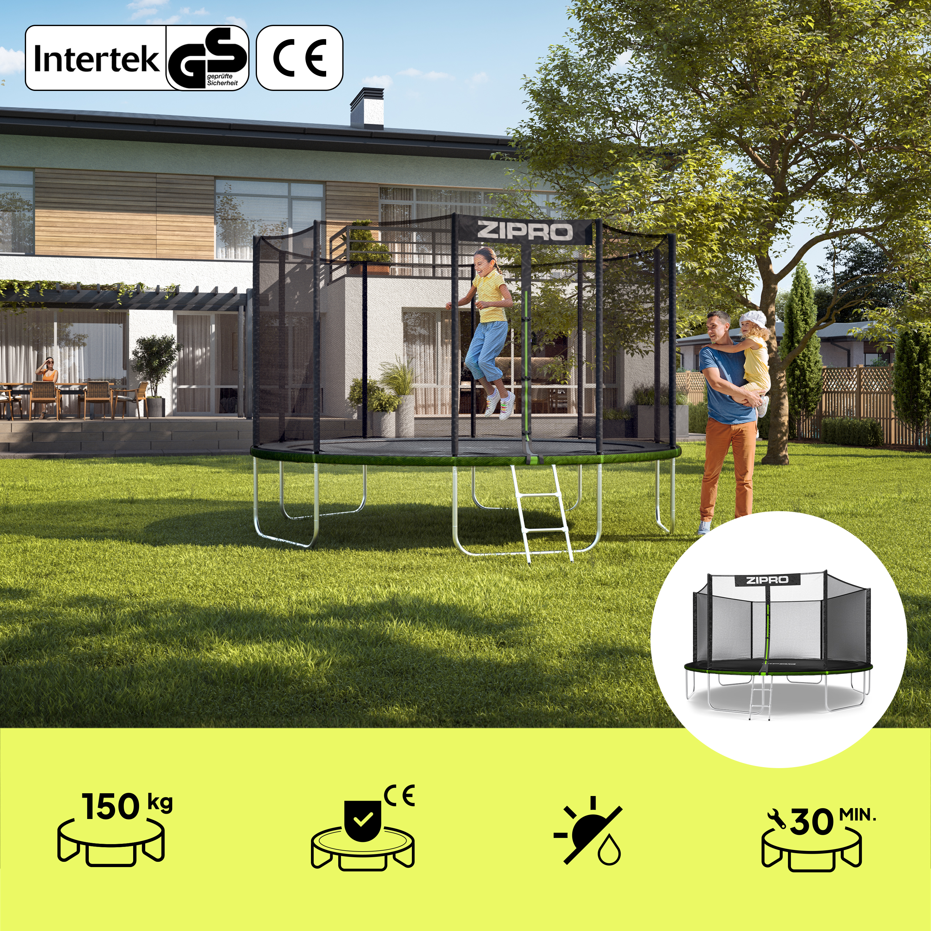 Familie auf Trampolin im Garten mit Haus und Zertifikaten.