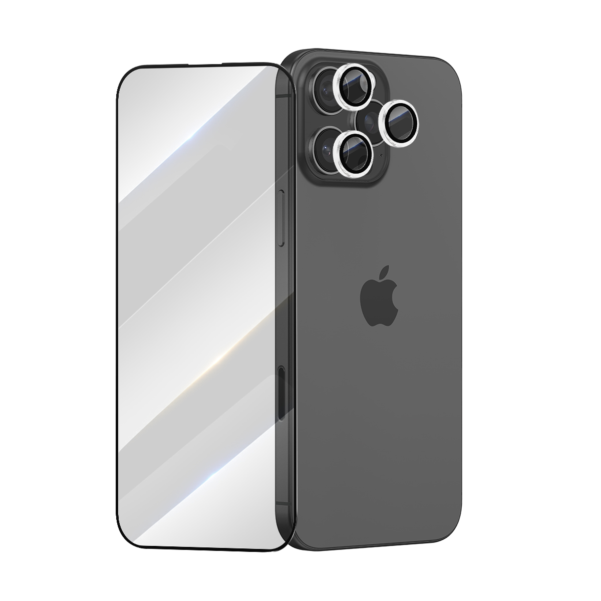Donkergrijs smartphonemodel met drie cameralenzen en Apple-logo. Daarnaast een blanco scherm.