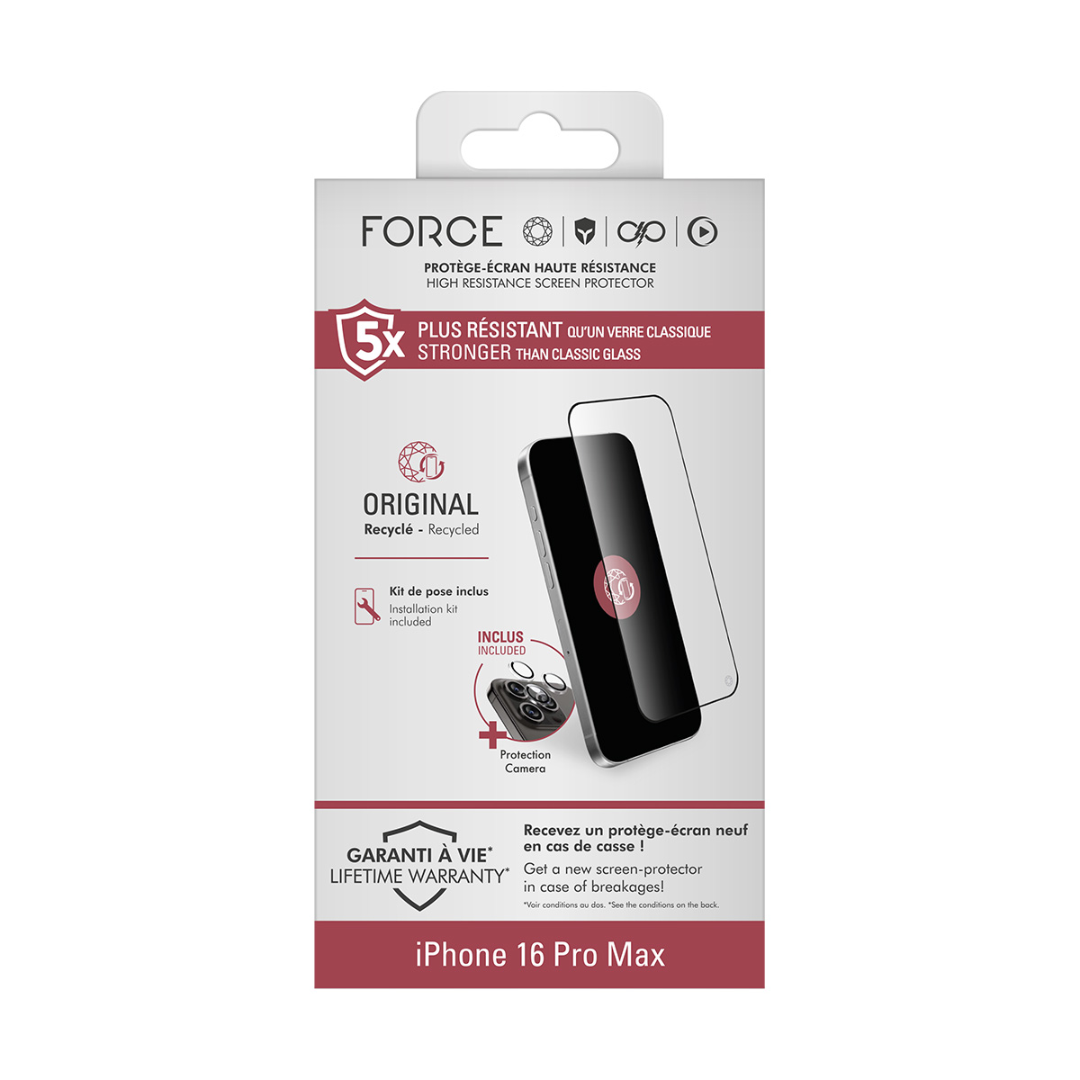 Verpakking screenprotector: FORCE, 5x sterker, inclusief kit, voor iPhone 16 Pro Max.