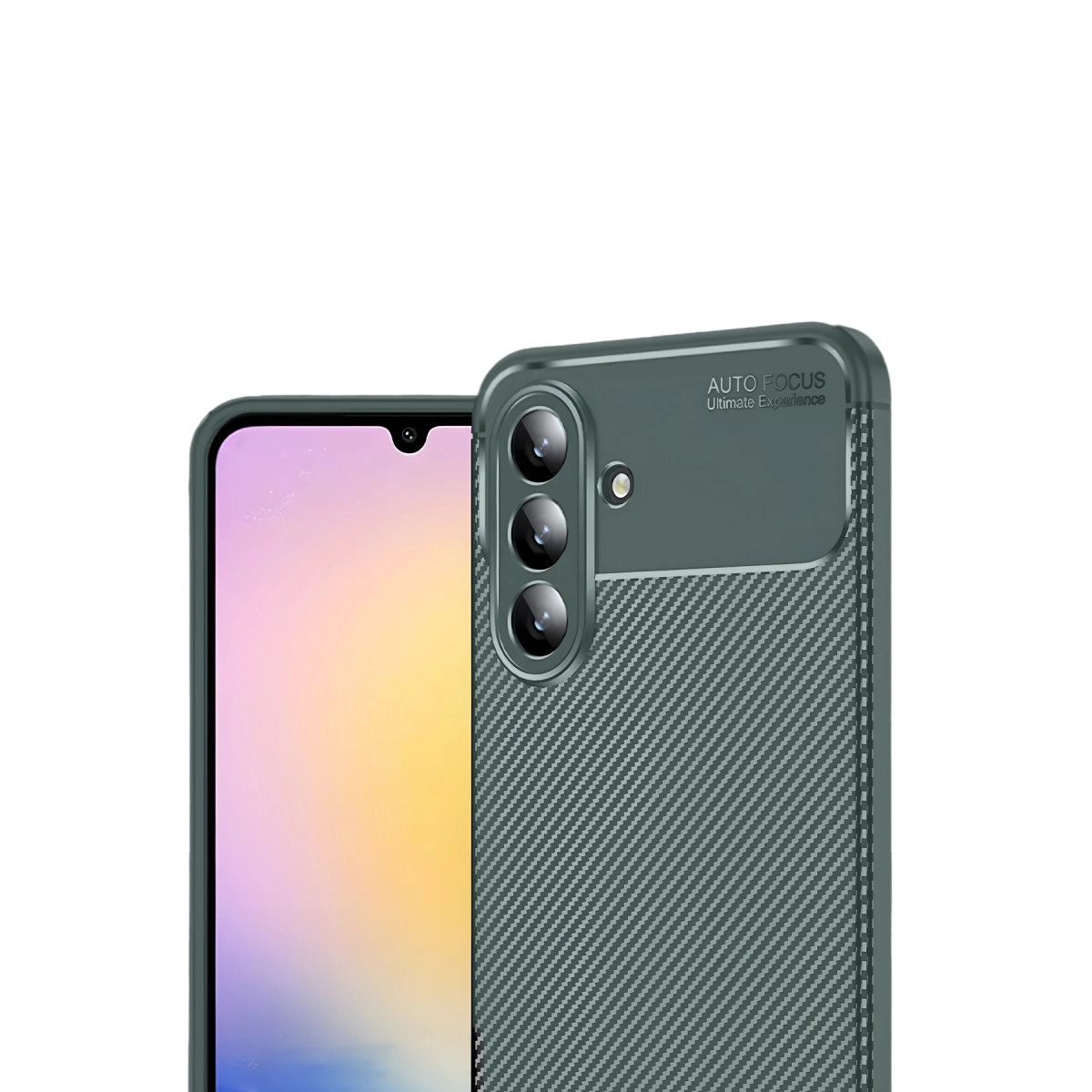 Karbon fiber dokulu, üçlü kameralı gri telefon kılıfı.