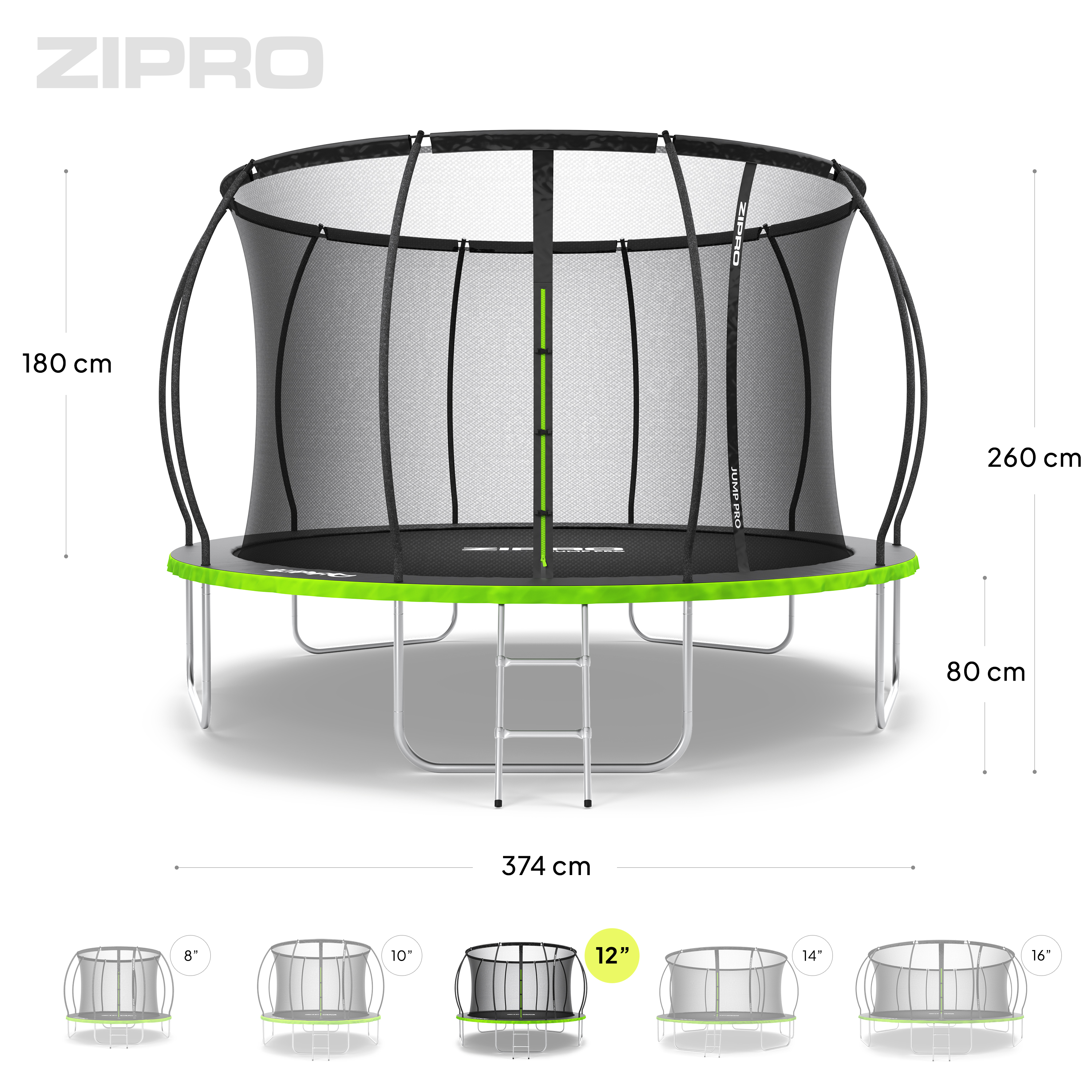 Trampolín con red de seguridad, escalera y dimensiones.