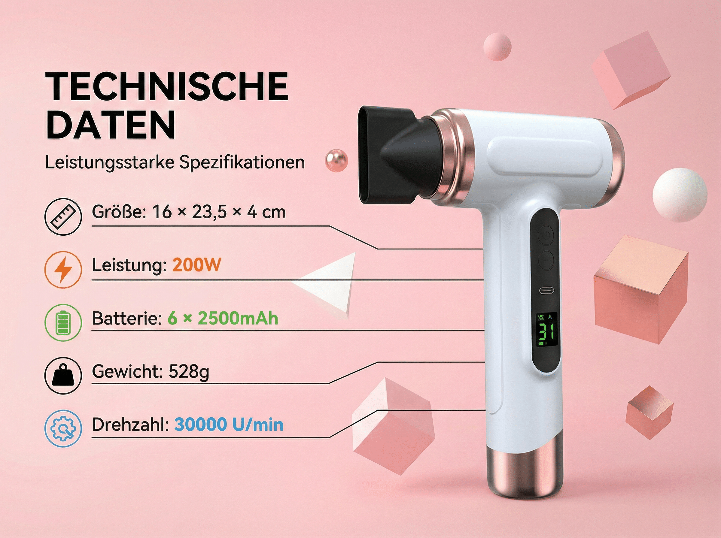 Technische Daten eines weißen Massagegeräts mit rosegoldenen Akzenten, 200W, 15000mAh, 528g.