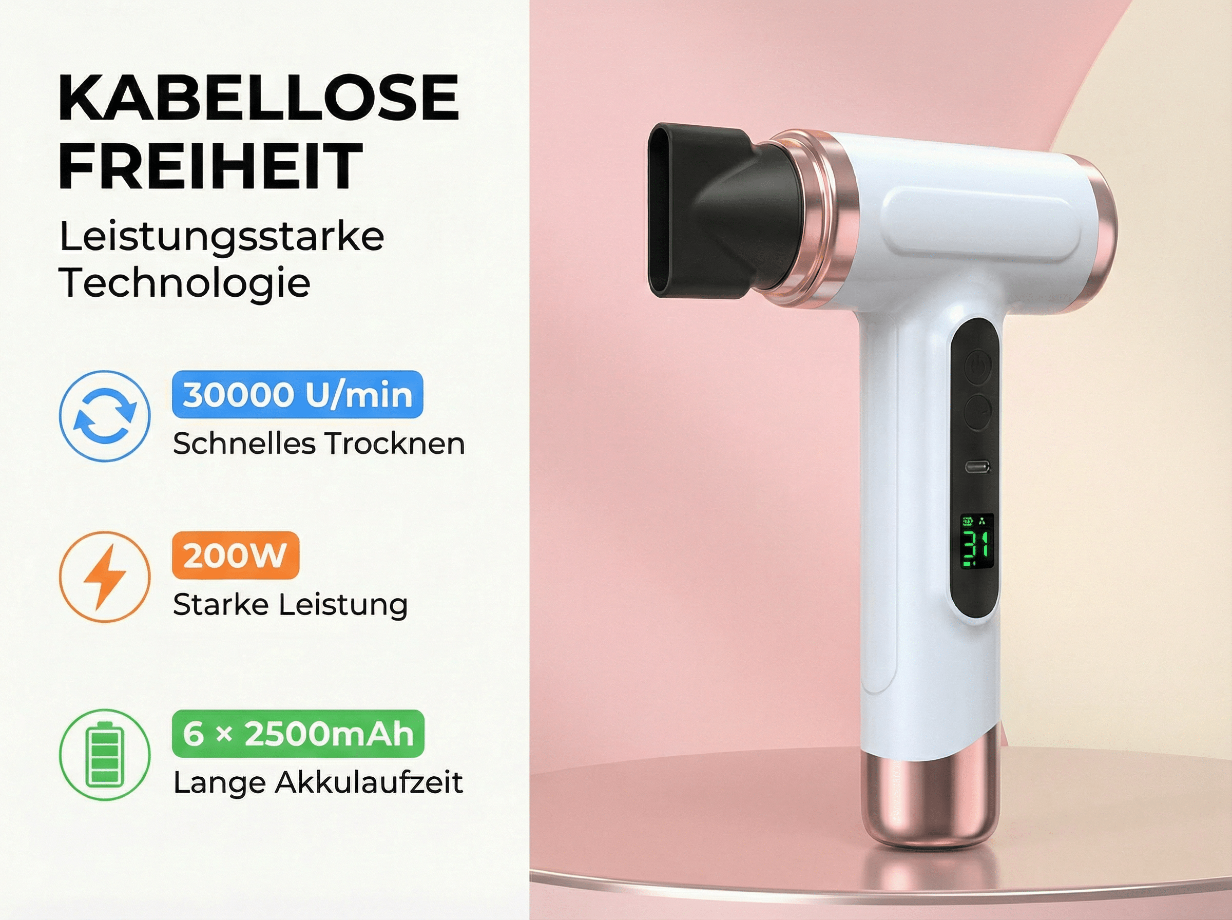 Ein weißer Haartrockner mit Roségold-Akzenten, steht auf einem Sockel.