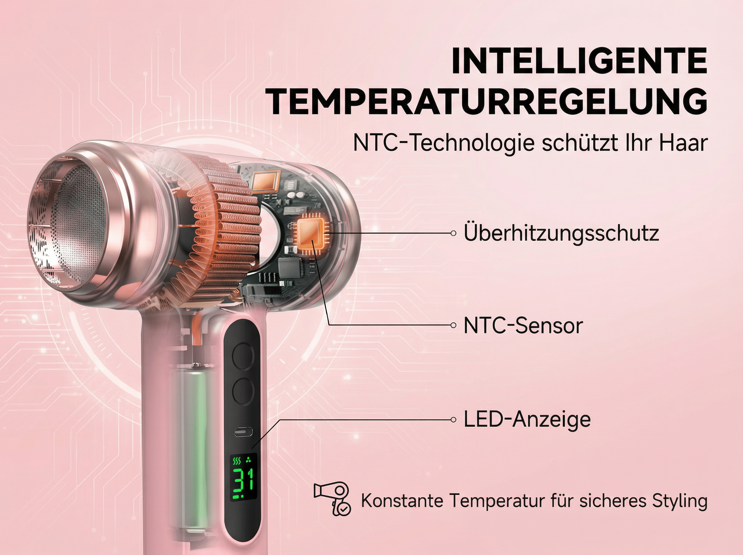 Ein rosa Haartrockner mit transparentem Gehäuse, der interne Komponenten zeigt.